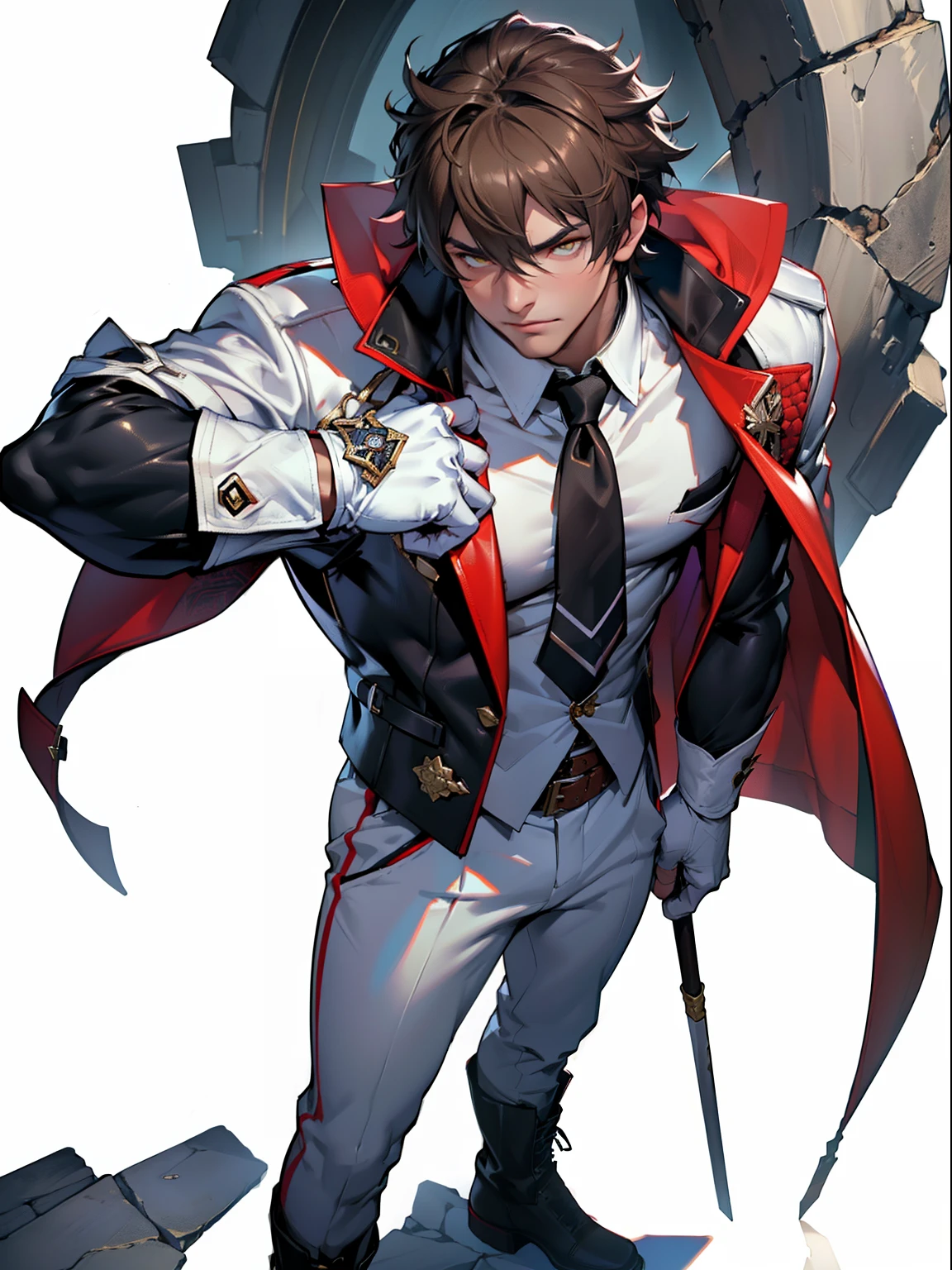 tmasterpiece,Best quality at best,Dadalya(Genshin Impact),mitts,Bulging muscles,(white business suit,Casual wear tie)Pectoral muscle bulge,((Exposing the pectoral muscles))White gloves,Abs,Perfect anatomy, Skin texture, thick dark buzzcut hair, See-through bang, Light eyebrows, symmetrical eyebrow, Big bright eyes,, Closed mouth, double-edged polearm, Broad shoulders,White clothing, bdominal stretch, tight-fitting, Leather collar, stand-up collared shirt, tiese, waistcoat, Open thickened glossy white leather jacket, Eight-pack abs, White leather mobile gloves, White trousers, Leather belt, spreading long thin legs, The large column is 10 inches long,3 inches wide, (The erection, The large,with testicles, Masturbation), high-heeled leather boots, Soft smile, Handsome, Powerful, From the front side, looking ahead at viewer, day, Masterpiece, Best quality, Hyper-detailed, intricately details, Professional photography, Mattire, Bright, the most beautiful ever seen, post-proces, dreamatic lighting, Ambient lighting, Epic composition, very wide angle shot, uplit, ray-traced reflection, Depth of field, Gorgeous background,malefocus,1boy,red eyes,black glove,独奏,Brown hair,Yellow eyes,Red cape,hair between eye,((Bulging crotch)),Sexy,(Masterpiece, Best quality),(white business suit),self-assured,having fun,big laughter,white pantie