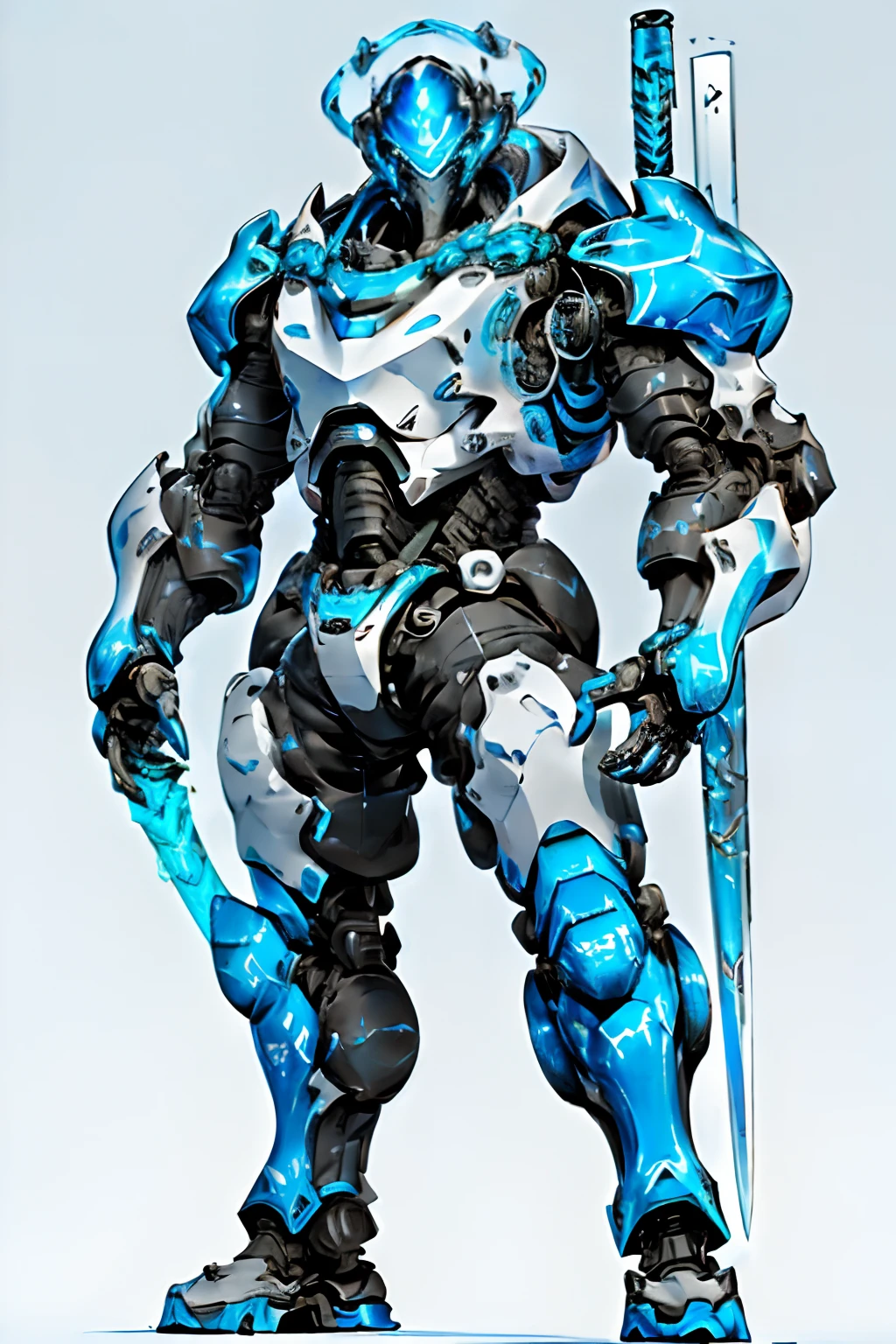 (((Giant exoskeleton robot:1.3),(Bulky:1.2)),((bulky:1.1) armour),ink,clean linework,((hight contrast:1.1),(Gradient color)),((White body:1.1)),((Blue energy lines)),Partial dragon features。Holding a huge sword weapon。)