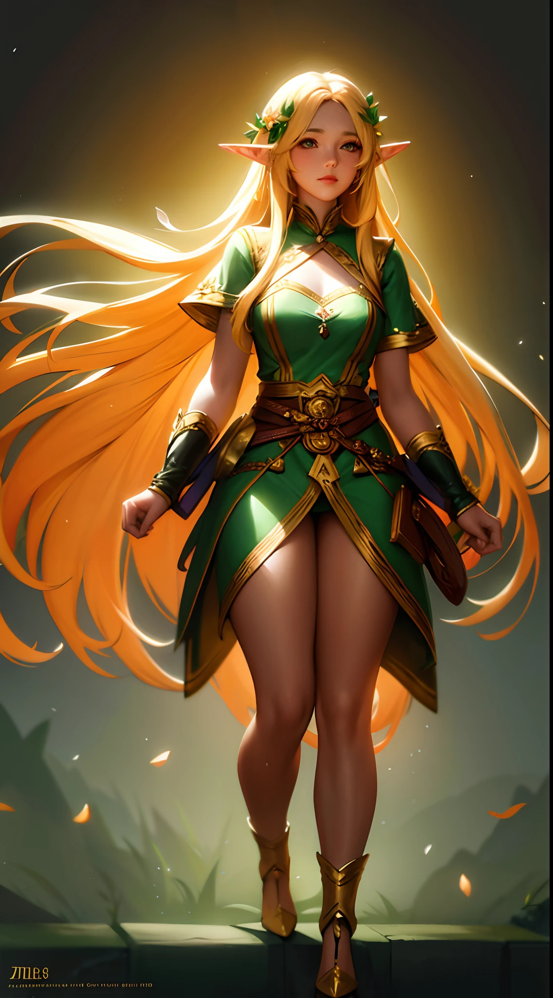 cute elf, long golden hair, flowers in hair, golden eyes, cute dress, full body, artstation, illustration, dynamic soft lighting, fantasy framing, high resolution 4k, hdr, stylistic,
