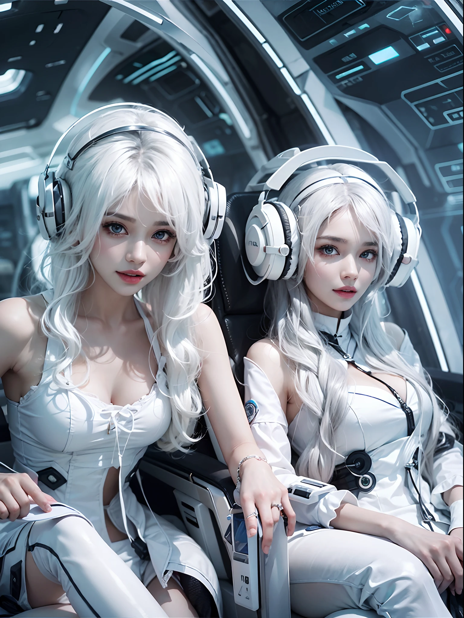 2 beauties，The enchanting woman raised her hand happily，Beautiful Women with Perfect Figure，Beautiful white skin，Beautiful eyes，Glossy lips，Lovely smile，White hair，Wear a bikini futuristic Lolita costume in white and black design，Headphones with functionality，Sitting inside the spaceship