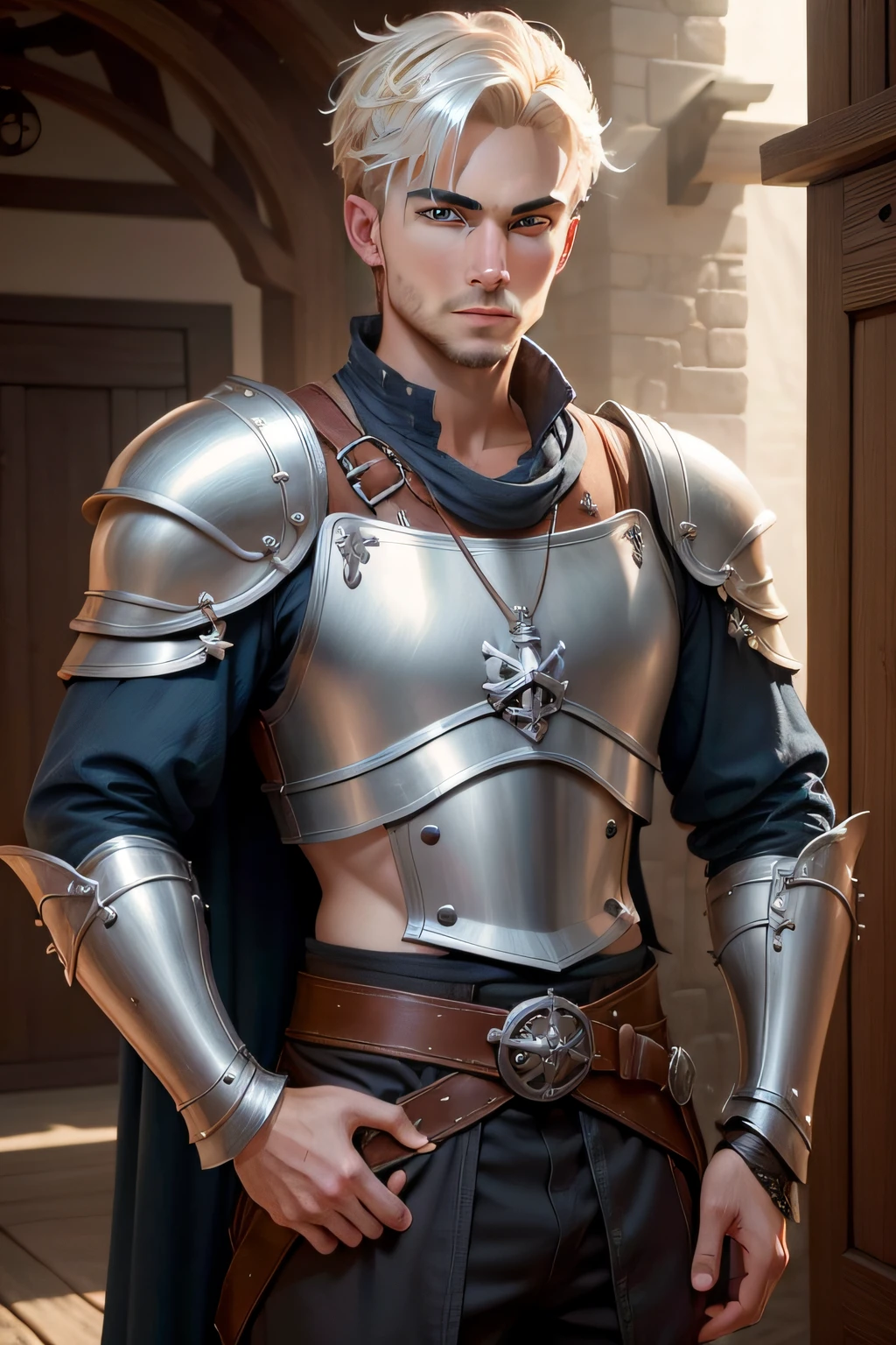 Male West European Pirate with Blonde Short Hair, Radiant silver armor, Zweihandschwert und schillernden Emblemen auf den Schulterpanzern