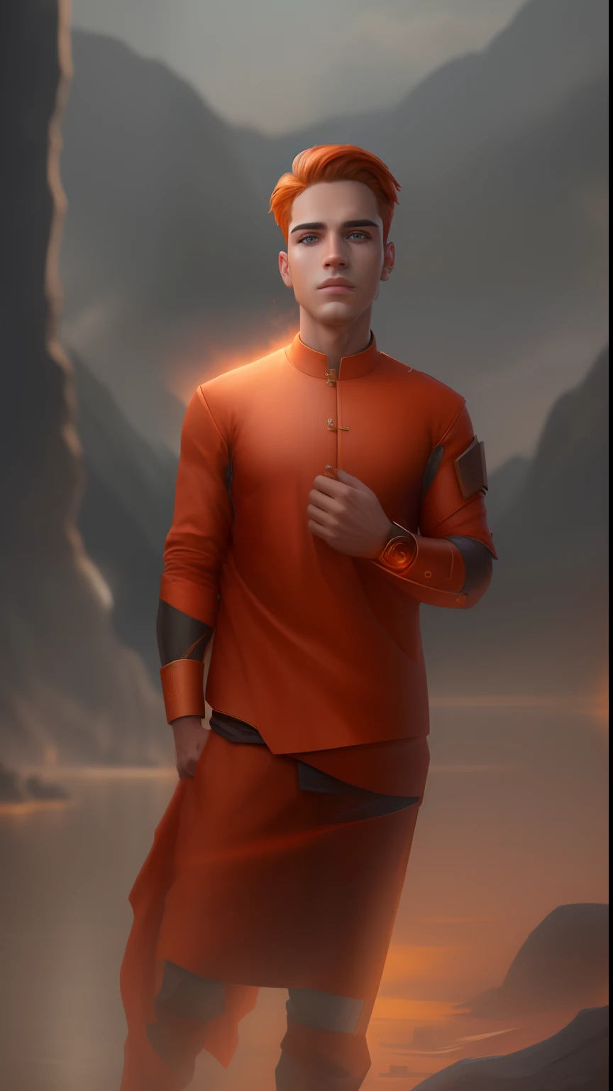 A handsome boy fire and river background futuristic background realistic face 8k ultra high quality hd