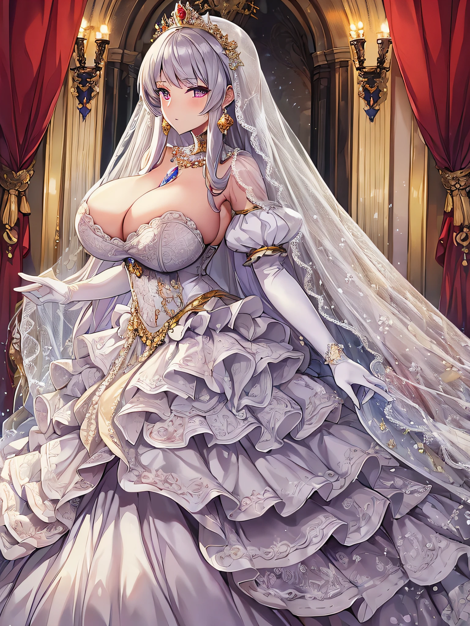 ((anime artstyle)),Best quality, Masterpiece,Solo,(full body),1 princess wearing a stately and elaborate royal wedding dress of white satin and tulle adorned with voluminous crinoline hoopskirt,(gigantic tits,Long tits,skindentation),(large amount of straight hair,extremely Long voluminous Hair),lace, frills,gorgeous embroidery and jewels, with enormous puffed sleeves, long train, long white gloves, pearl necklace and earrings,long wedding veil