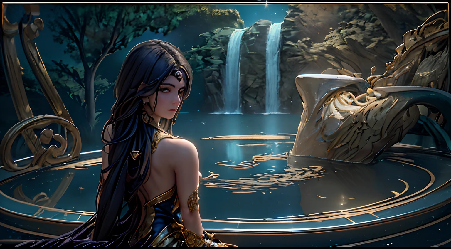 high details, best quality, 16k, [best detailed], masterpiece, best quality, (extremely detailed), a view from the rear (best details, Masterpiece, best quality), photorealistic, fantasy art, RPG art,  a portrait of a woman sitting in a pool by a waterfall at night, extremely beautiful human woman (best details, Masterpiece, best quality), best detailed face (best details, Masterpiece, best quality) black hair, long hair,  pale skin, dynamic eyes color, dynamic dressing  (best details, Masterpiece, best quality), sitting in a pool  (best details, Masterpiece, best quality), waterfall forest clearing  (best details, Masterpiece, best quality), candles light  (best details, Masterpiece, best quality), fantasy night, moon light, stars, fantasy night scenery, sense of serenity, atmosphere of tranquility, High Detail, Ultra High Quality, High Resolution, 16K Resolution, Ultra HD Pictures, Ultra Realistic, photorealism  (best details, Masterpiece, best quality), ultra clear Details, Realistic Detail, Ultra High Definition