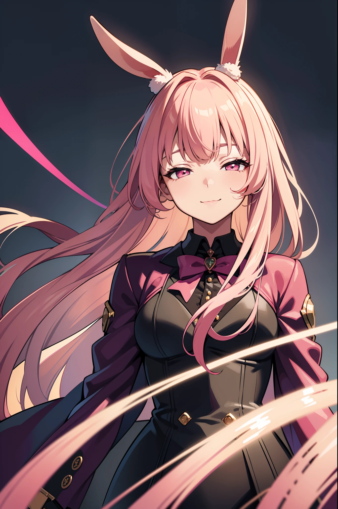 A bunny girl in a magicians show coat, (((8k, masterpiece, best quality))), jacket, long hair, swept bangs, pink hair, pink eyes, small breasts, bunny ears, pink ears, small smile, slight smile, half-closed eyes, woman, ((swept)) bangs, upper body, solo