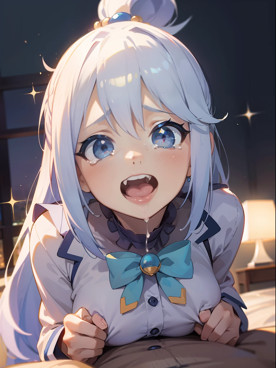 masterpiece, best quality, ultra-detailed, illustration, kawaii, detailed light, happy,, scared, tears, smile, ahegao, rolling eyes, blush, mini Highlights hair, detailed sparkling eyes, 1girl, looks from the bottom up, Model with open mouth, men's big is inserted into the mouth, model lips envelop the , Each hand holding One very realistic big
penis pointed at her face, cum mouth and spits out a white-colored liquid.