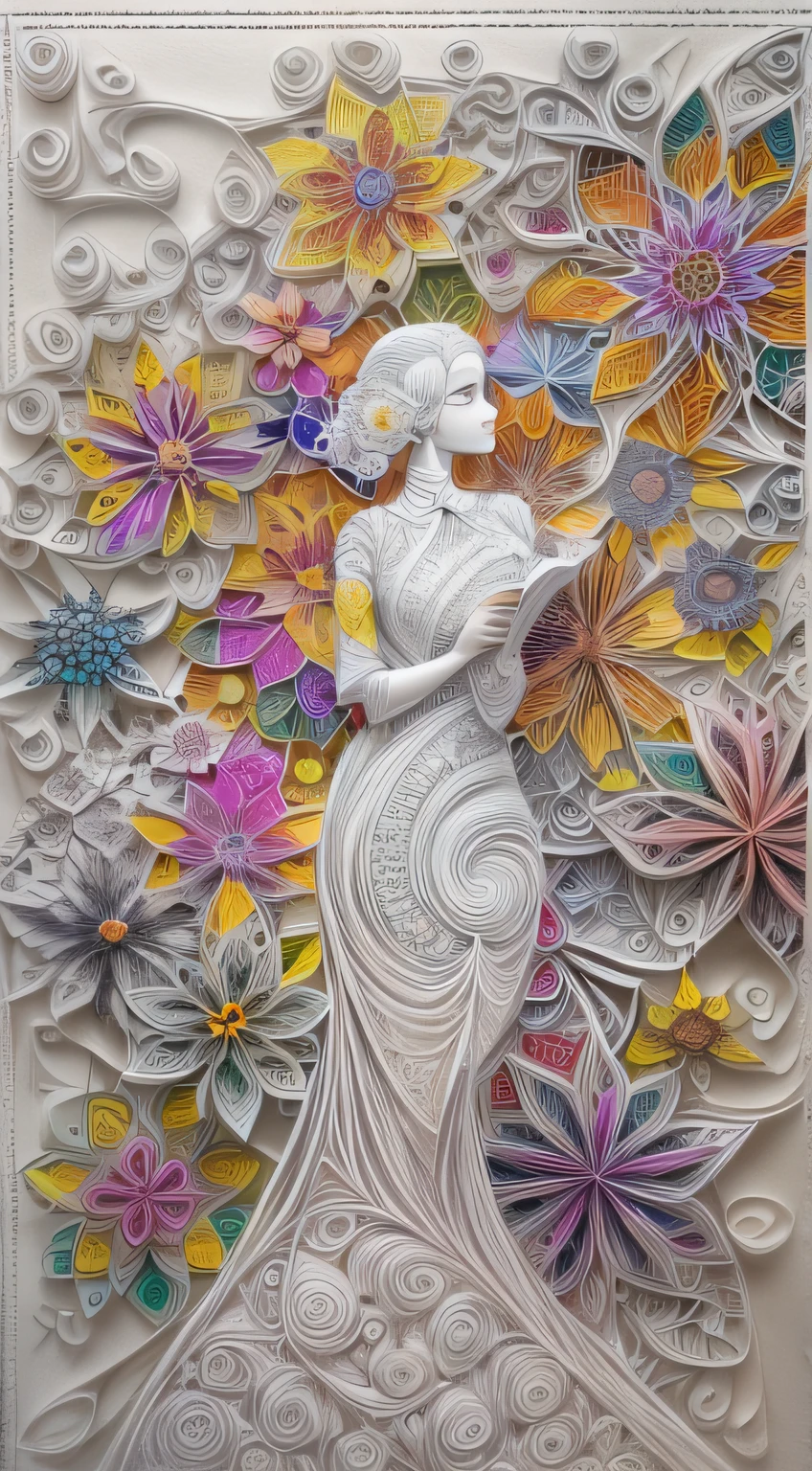 (Silhouette of a beautiful woman,Colorful Kelsang flowers),White background,(paper art, Quilted paper art:1.2, geomerty:1.1, zentangle,a 3D render), (Extremely colorful, Best quality, Detailed details, Masterpiece, offcial art, movie light effect, 4K)