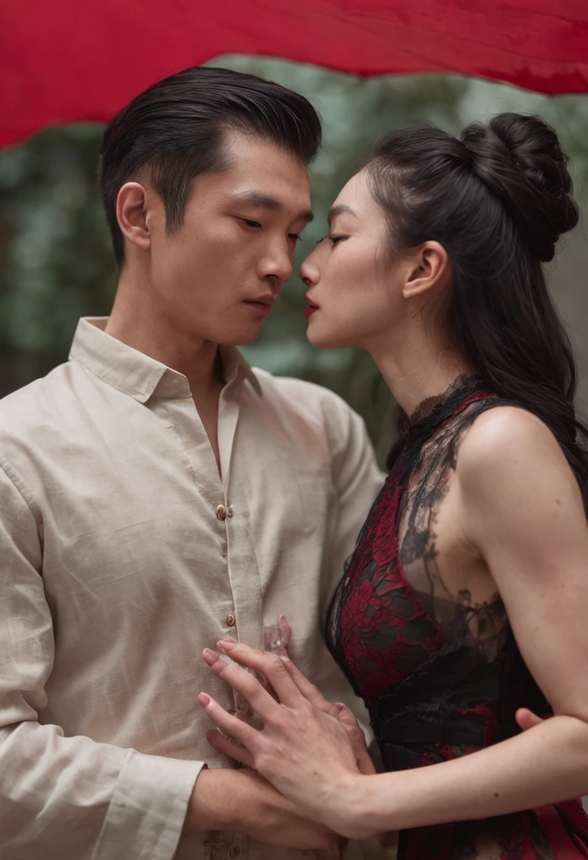 In the crimson room,An Asian man and a woman hugged together,Bust photo,Wear less clothing,black tulle, 35 mm,Low angle, Photorealistic, ultra-sharpness,ultra - detailed,Capture his melancholy with fluid brushstrokes,The man pinched the woman's neck,The woman holds a knife in her hand,Ambiguous atmosphere,Men and women stick together