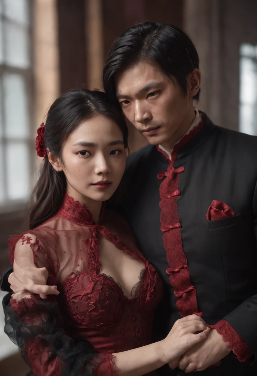 In the crimson room，An Asian man and a woman hugged together，Bust photo,Wear less clothing，black tulle， 35 mm,Low angle, Photorealistic, ultra-sharpness,ultra - detailed，Capture his melancholy with fluid brushstrokes，The man pinched the woman's neck，The woman holds a knife in her hand，Ambiguous atmosphere，Men and women stick together