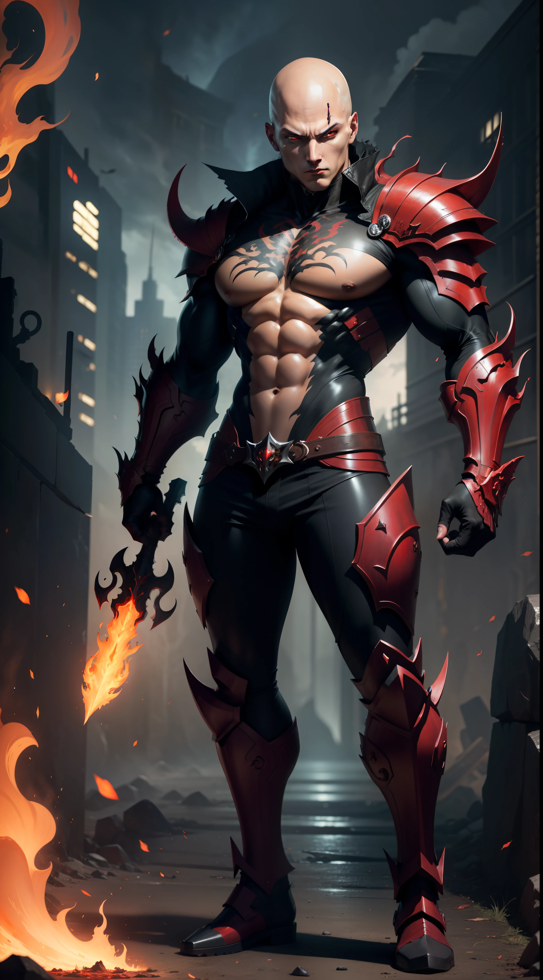 Saitama's full-body scene with a handsome male face, red eyes, alduin, sharp fiery red eyes, darksiders art style, armor reflecting demon-inspired black flames, with fiery red eyes, crazy guts, black ancalagon.