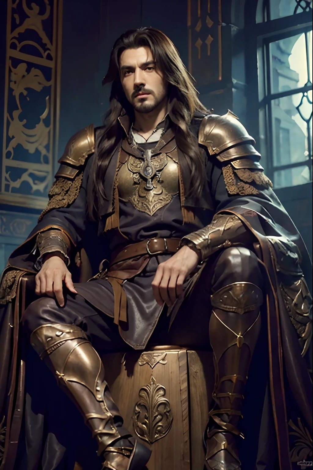 Castlevania Lord of the shadows hyper realistic super detailed handsome muscular full Arabian leather Armor Wear sitting in moroccan legendary throne super detailed hyper realistic