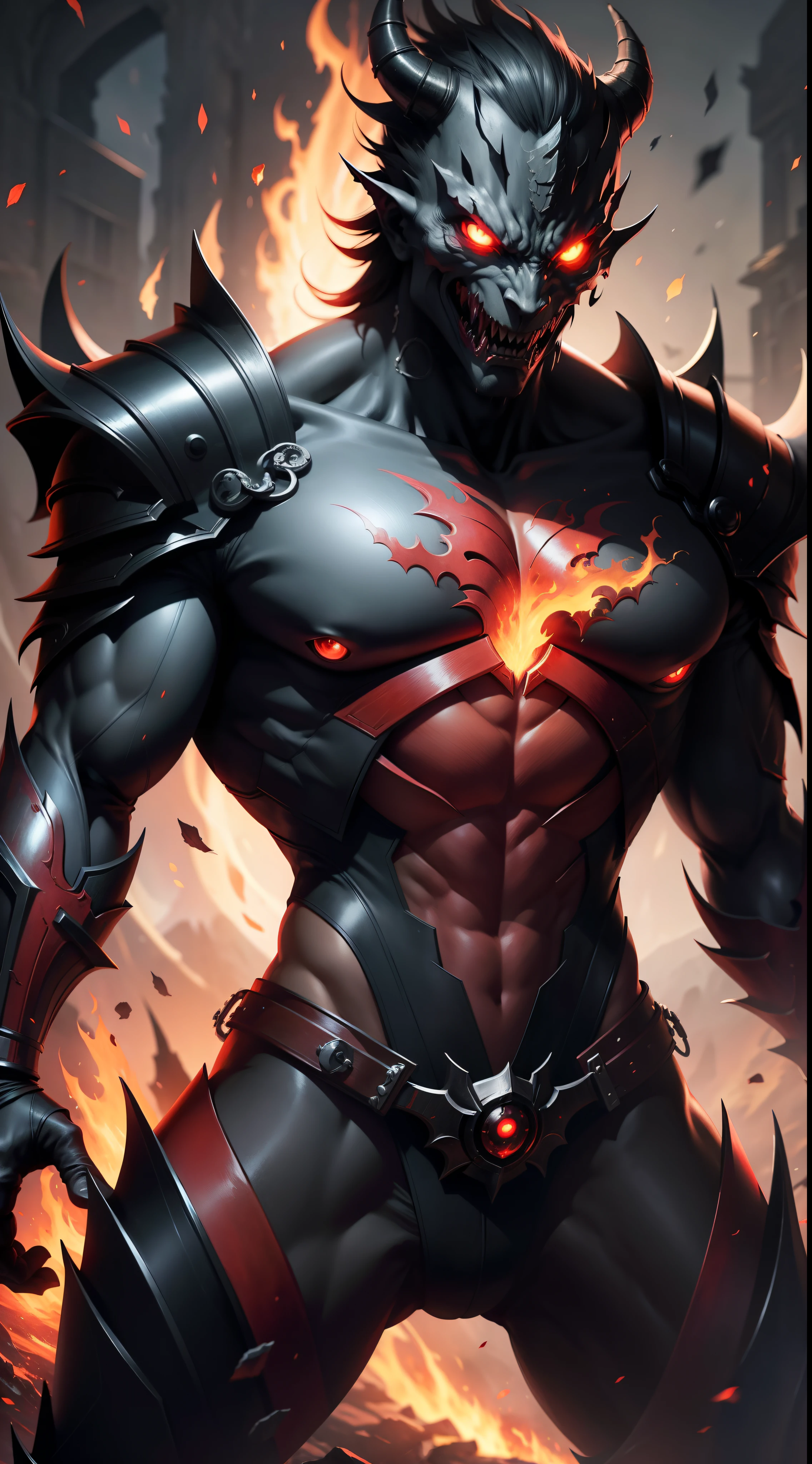 Saitama's full-body scene with a handsome male face, red eyes, alduin, sharp fiery red eyes, darksiders art style, armor reflecting demon-inspired black flames, with fiery red eyes, crazy guts, black ancalagon.