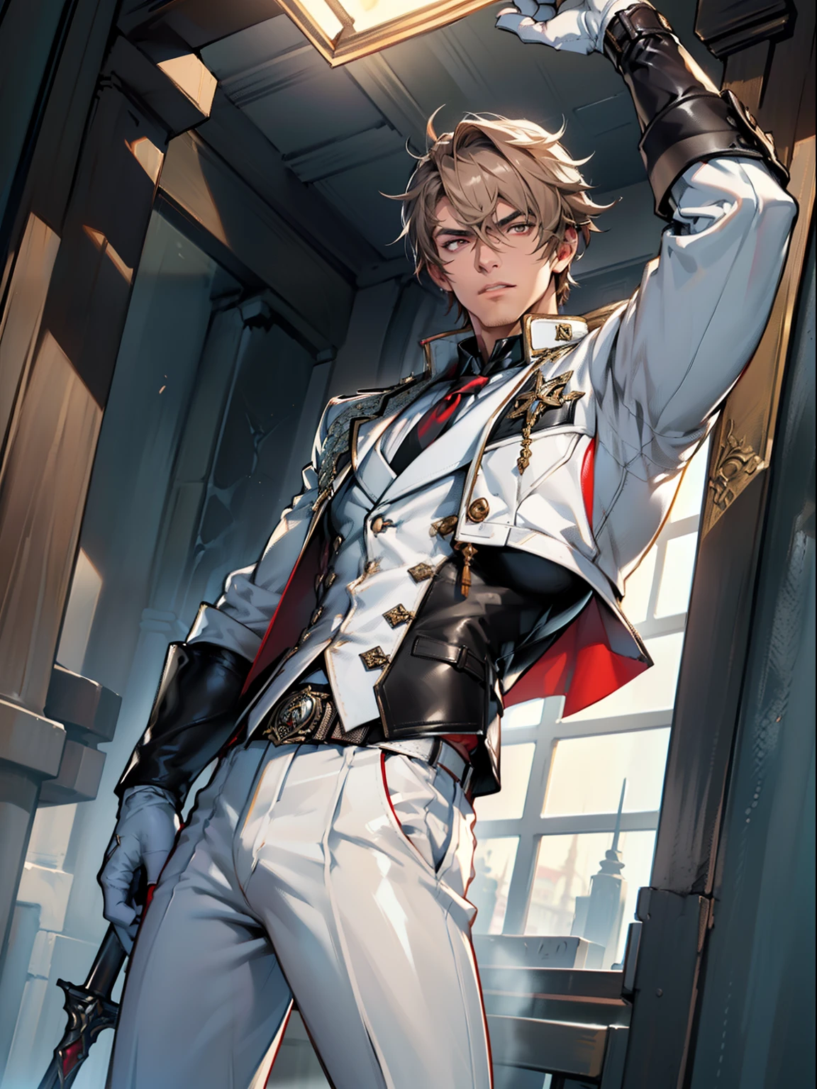 tmasterpiece,Best quality at best,Dadalya(Genshin Impact),mitts,Bulging muscles,(white business suit,Casual wear tie)Bulging of the pectoral muscles,((Exposing the pectoral muscles))White gloves,Abs,Perfect anatomy, Skin texture, thick dark buzzcut hair, See-through bang, Light eyebrows, symmetrical eyebrow, Big bright eyes, Symmetrical eyes, square shapes, big straight nose, Closed mouth, double-edged polearm, Broad shoulders,White clothing, bdominal stretch, tight-fitting, Leather collar, stand-up collared shirt, tiese, waistcoat, Open thickened glossy white leather jacket, Eight-pack abs, White leather mobile phone gloves, White trousers, Leather belt, spreading long thin legs, The large column is 10 inches long,3 inches wide, The erection, The large,with testicles, Masturbation, high-heeled leather boots, Soft smile, Handsome, Powerful, From the front side, looking ahead at viewer, day, Masterpiece, Best quality, Hyper-detailed, intricately details, Professional photography, Mattire, Bright, the most beautiful ever seen, post-proces, dreamatic lighting, Ambient lighting, Epic composition, very wide angle shot, uplit, ray-traced reflection, Depth of field, Gorgeous background,malefocus,1boy,red eyes,black glove,独奏,Brown hair,Yellow eyes,Red cape,hair between eye,((Bulging crotch)),Sexy,(Masterpiece, Best quality),(white business suit),self-assured,having fun,big laughter,white pantie