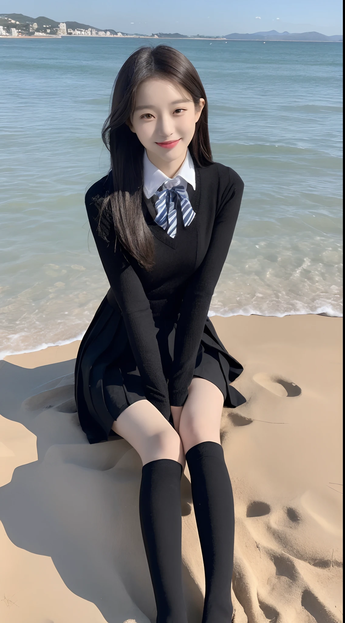 (1 Korean star with royal sister style), ((Best quality, 8K, 巨作: 1.3)), focal point: 1.2, Perfect body proportions: 1.4, (Make a smile),  （Ray traching）,Watery eyes, Highly Detailed Face and Skin Textur, Fine eyes, Double eyelids, Whitens the skin, (Black long straight: 1.3), (face round: 1.5), (JK school uniform: 1.4), (Lace view: 1.6),(Black over-the-knee stockings: 1.4),(JK style:1.4),(Extremely perfect legs)Half-sitting beach by the sea