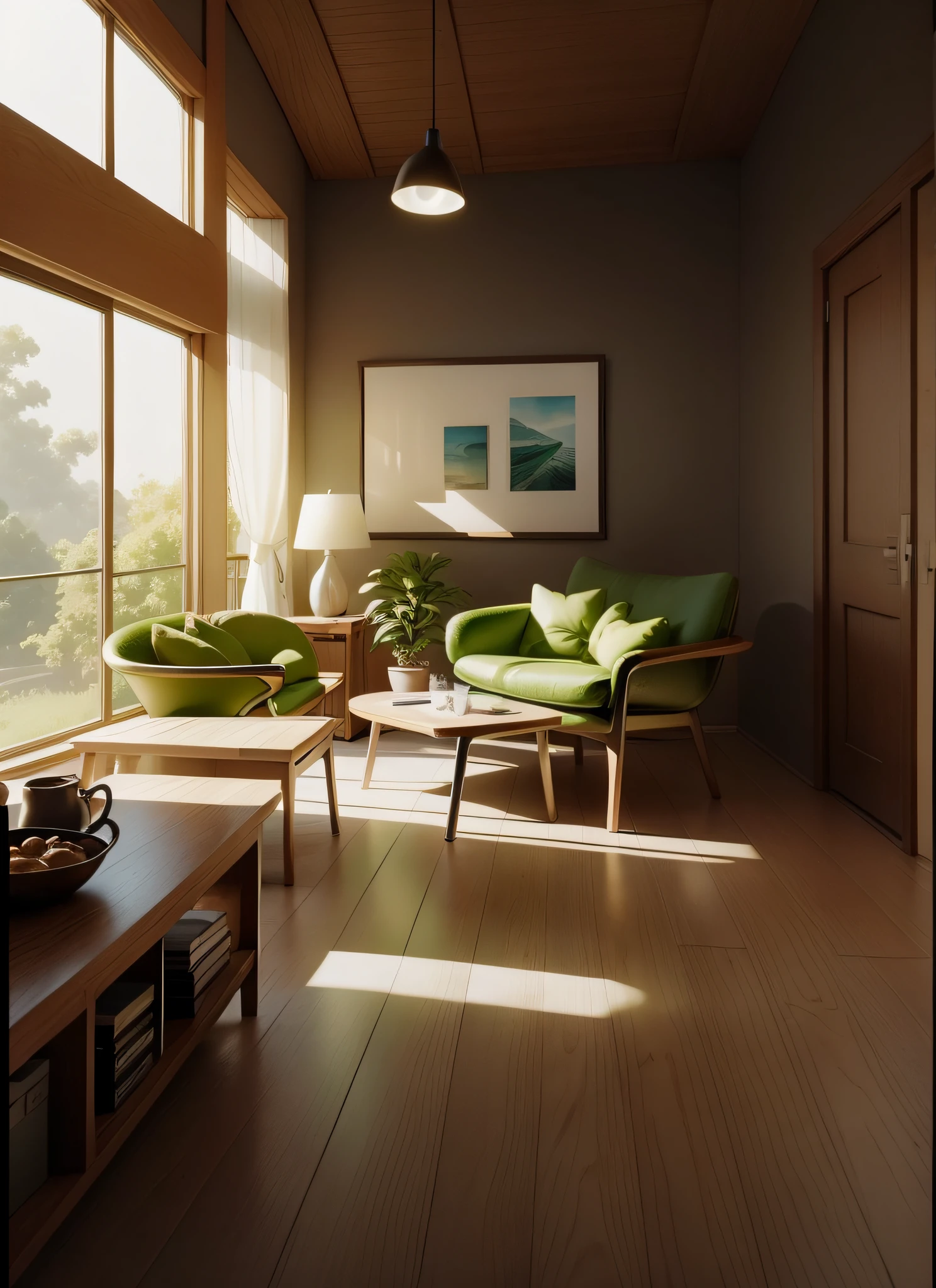 There was a green chair in the corner， Light shines on the leaves of the potted plant and there is a shadow，wooden floor， a warm color palette， Unreal Engine 5 high-quality rendering, avocado chair, an avocado armchair,highly detailed render, hight contrast，The light and shadow are intense， 8K，best qualtiy，tmasterpiece，photograph realistic，超高分辨率， high qualityProduct photography