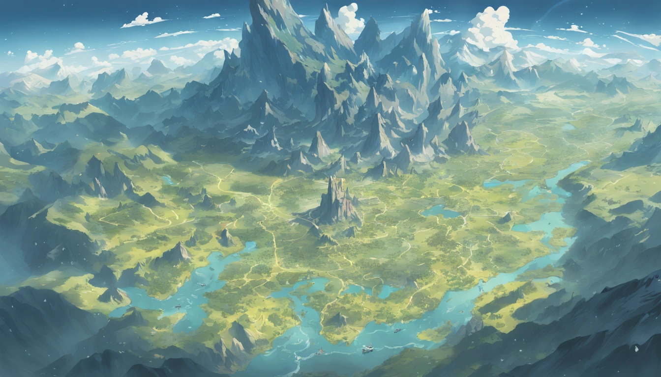 The continent has fish-like shape is divided into five，halo, game map, Hyrule, Ancient Fantasy Regional Map, Highly detailed map,Detailed Map, Height Map，world map、Isekai Map、Map of the Kingdom、Otherworldly Adventure、mountains and rivers、K HD、meticulous、Ground View、Spread up，pixel art