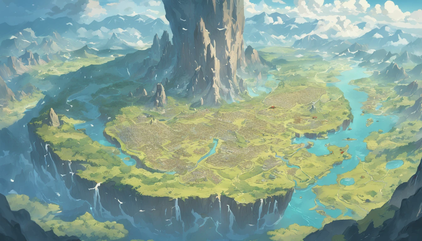 The continent has fish-like shape is divided into five,halo, game map, Hyrule, Ancient Fantasy Regional Map, Highly detailed map,Detailed Map, Height Map,world map、Isekai Map、Map of the Kingdom、Otherworldly Adventure、mountains and rivers、K HD、meticulous、Ground View、Spread up,pixel art