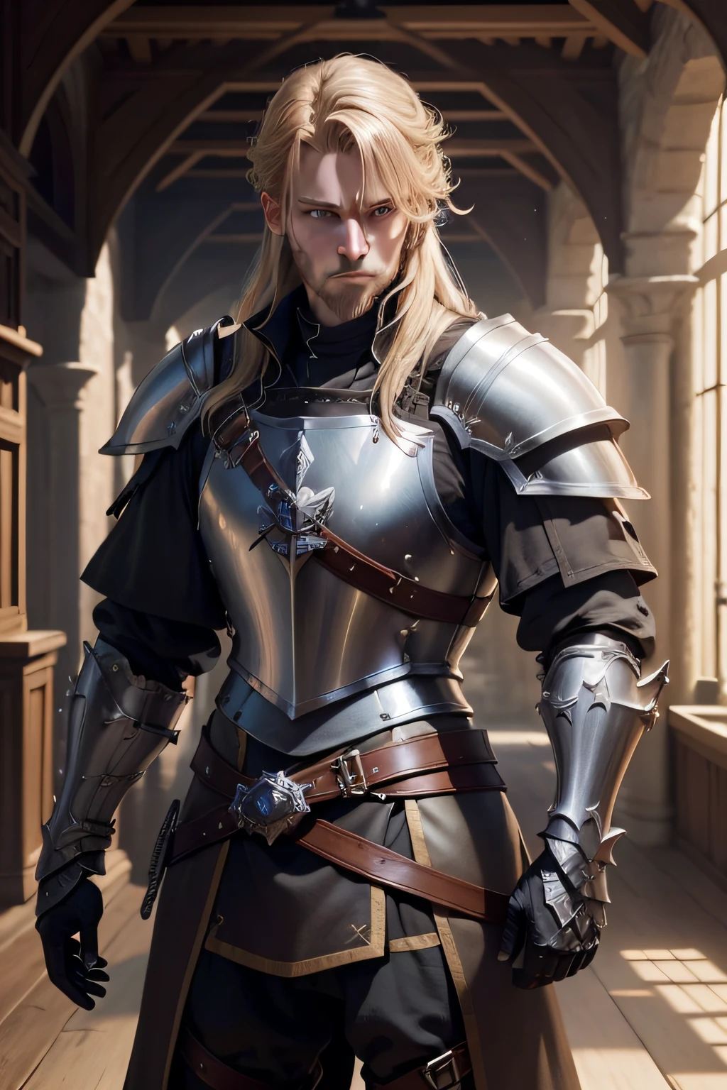 (A paladin in plate armor, kurzem blonden Haar, Vollbart, Greatsword on back, Piratenstil)