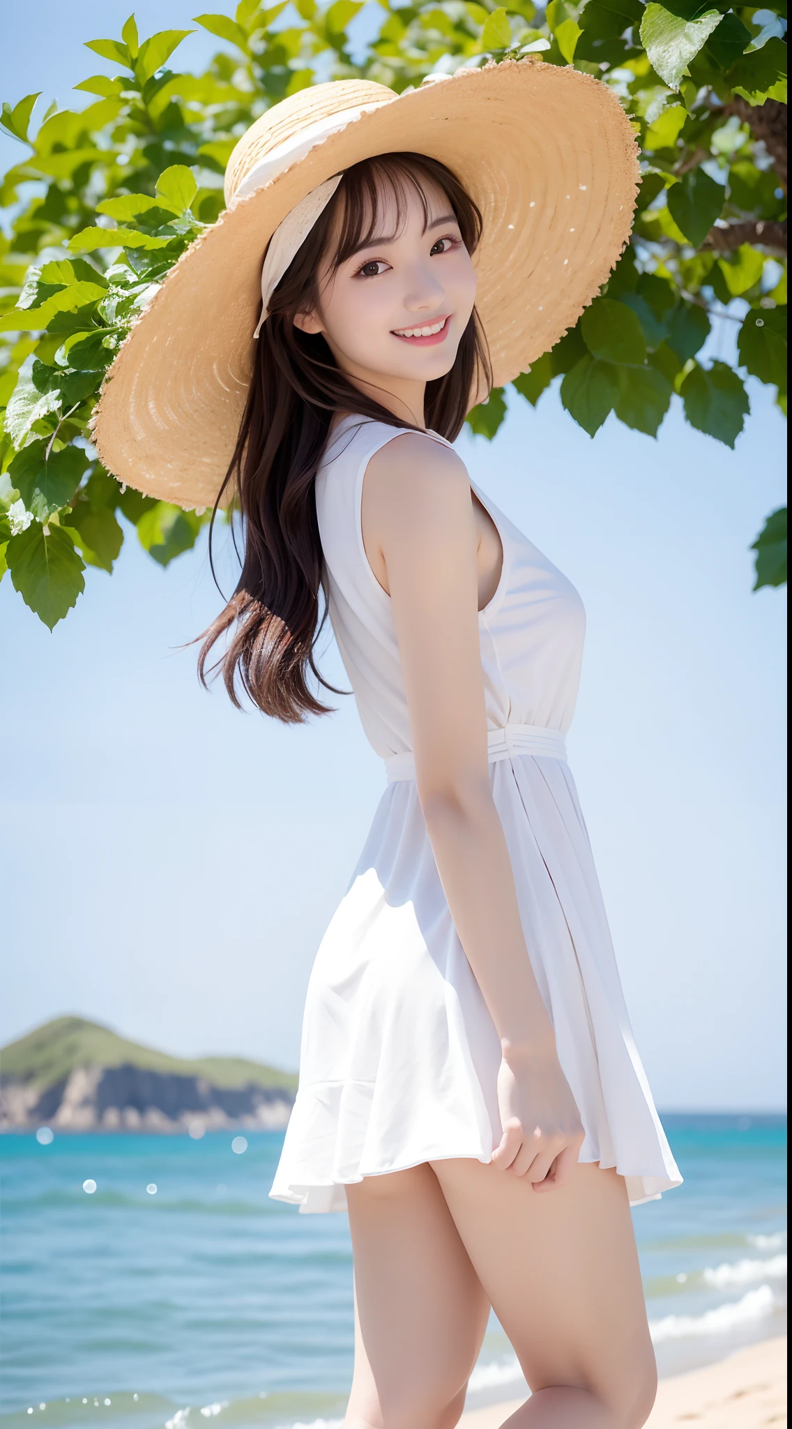 ultra best quality、超A high resolution、8k、masterpiece:1.3)、Beautiful Women in Perfect Figure:1.4、Black hair、((White Dress))、(((Big straw hat)))、kawaii、extremely detailed face and skin、Detailed eye、二重まぶた、Skinny Legs、The best smile、(((1a person)))、Beautiful scenery、(sea side)、(sand beach)、beautiful place、The best smile、Extraordinary beauty、Age is 16 years、perfectly proportions、full body Esbian、tiny chest、(View from high ground)、Daytime Ocean View、Blue Sea、blue open sky