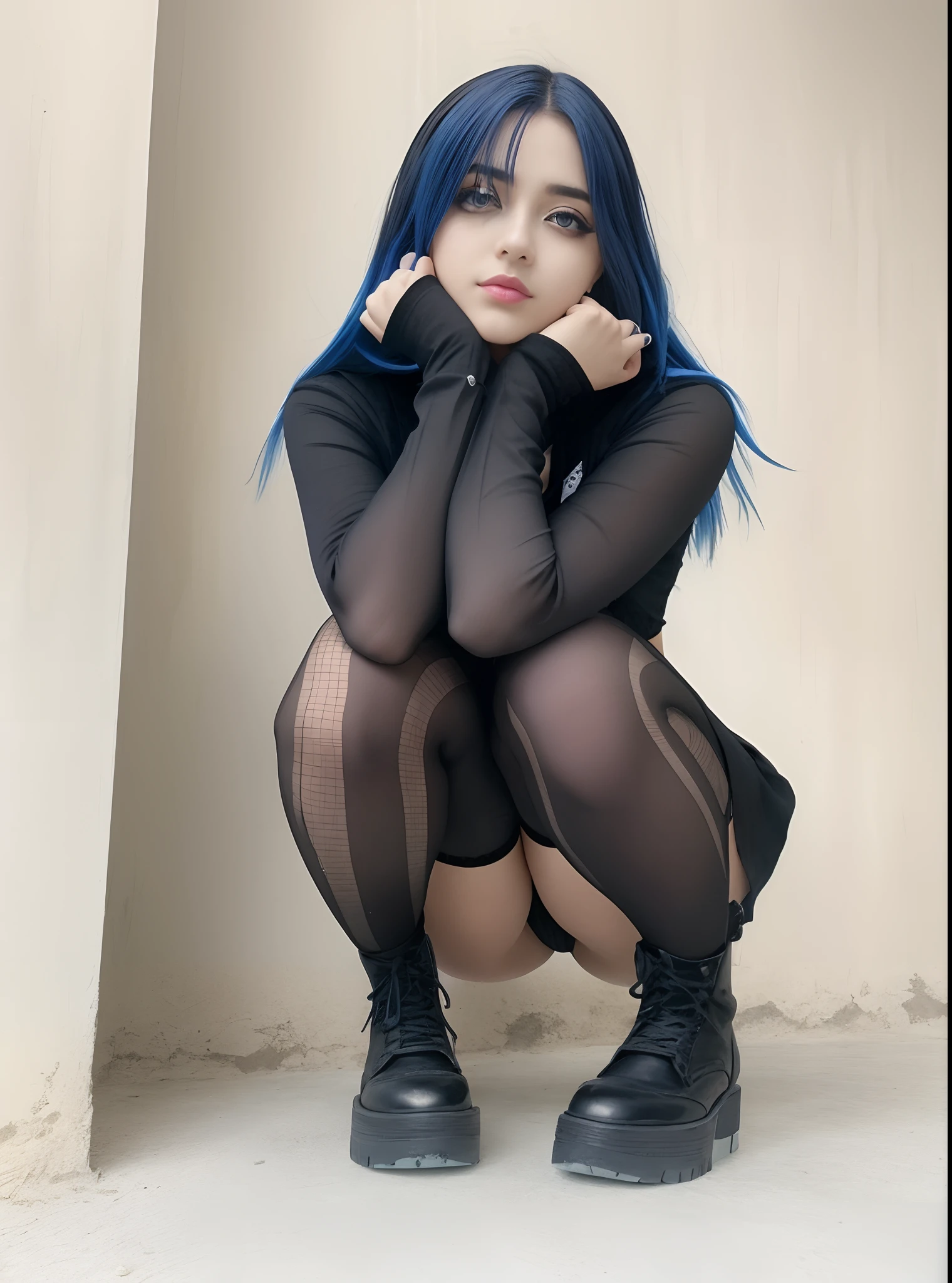 Araffe mulher com cabelo azul e meias pretas agachadas, preto e azul, goth girl, pale goth beauty, the anime girl is crouching, menina cyberpunk sonhadora, azul e preto, 1 7 - - old h girl, azul escuro e preto, ajoelhado e olhando para cima, cute face with arms and legs, menina bonita do anime agachamento