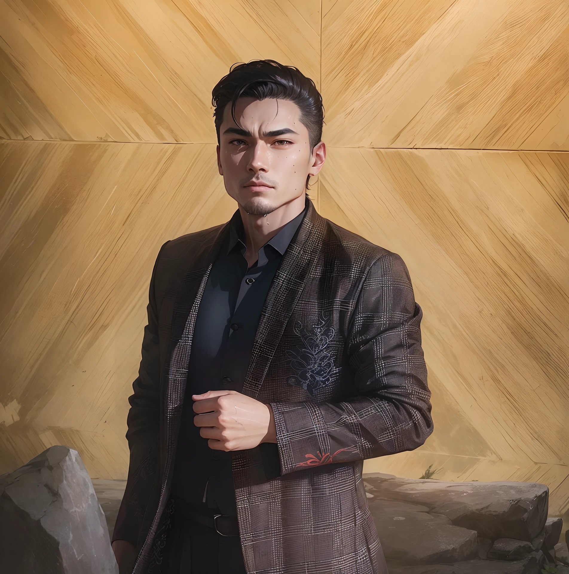 On the top of the mountain,giant rocks,precipice,background inside dark,fire glow,quadratic element,style of anime,mtu(Male Warrior),musculature,The proportions are correct,Face details,swordsmen,High ponytail hairstyle,perspired,Sweat on the face,drools,Neck details,There is an Adam's apple,Get wet,Drenched,Hanfu costume,kaftan,Embroidered robes,Robes,clothes details,Handing over,longer sleeves,Game quality,Swordsmanship,Light and shadow tracking,Ray traching,detailed glow,cg render,hair detail,cabelos preto e longos,Golden eyes,Sweat on the face,handsome,Handsome,Beads of sweat slipped down my neck,(juvenile sense),Clothing is complicated,Drenched,Get wet,Perfectcomposition,Refinement,high qulity,higher details,Lots of details,The background is complex,a sense of atmosphere,