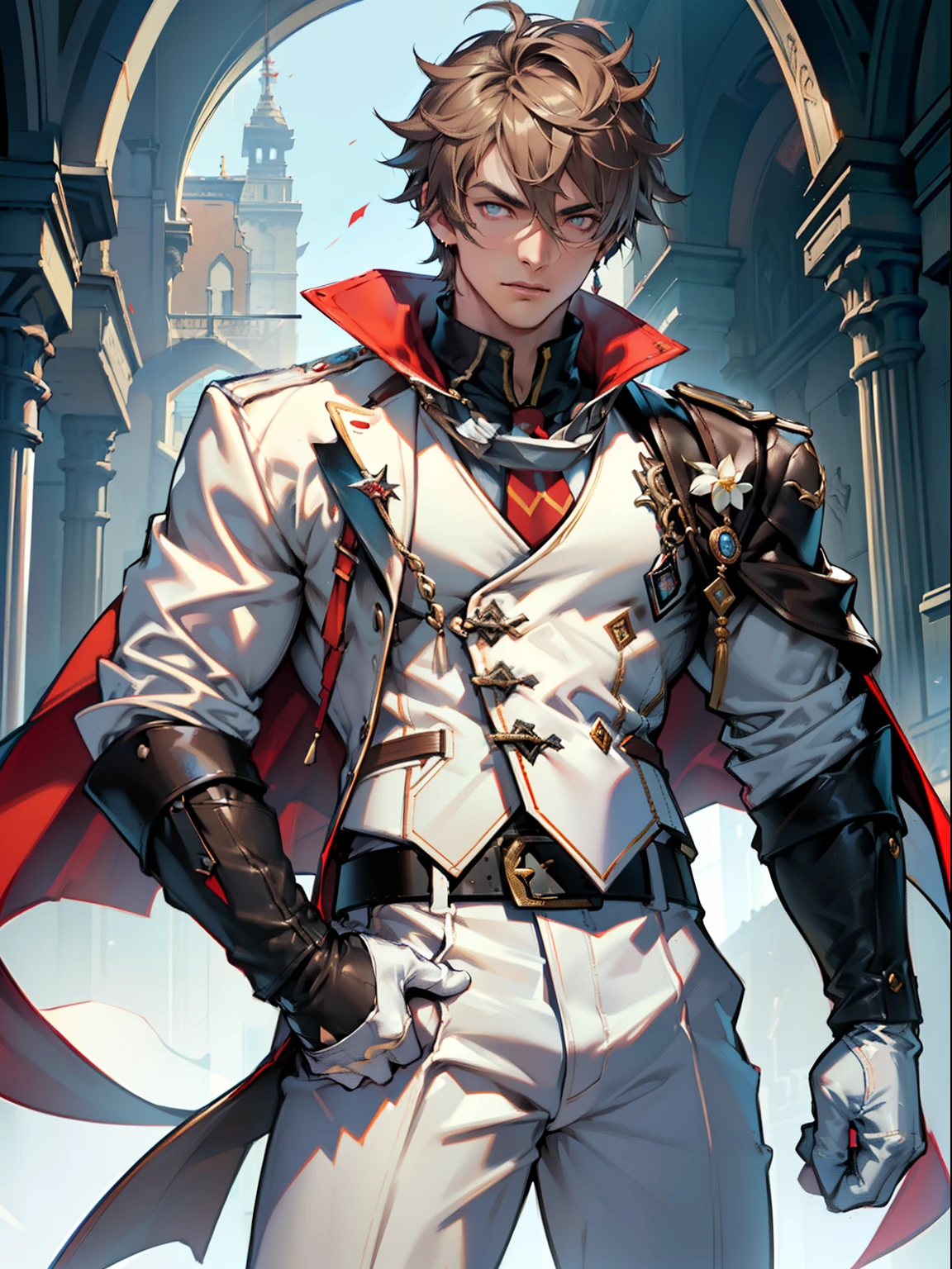 tmasterpiece,Best quality at best,Dadalya(Genshin Impact),mitts,Bulging muscles,(white business suit,Casual wear tie)Bulging of the pectoral muscles,((Exposing the pectoral muscles))White gloves,Abs,Perfect anatomy, Skin texture, thick dark buzzcut hair, See-through bang, Light eyebrows, symmetrical eyebrow, Big bright eyes, Symmetrical eyes, square shapes, big straight nose, Closed mouth, double-edged polearm, Broad shoulders,White clothing, bdominal stretch, tight-fitting, Leather collar, stand-up collared shirt, tiese, waistcoat, Open thickened glossy white leather jacket, Eight-pack abs, White leather mobile phone gloves, White trousers, Leather belt, spreading long thin legs, The large column is 10 inches long,3 inches wide, The erection, The large,with testicles, Masturbation, high-heeled leather boots, Soft smile, Handsome, Powerful, From the front side, looking ahead at viewer, day, Masterpiece, Best quality, Hyper-detailed, intricately details, Professional photography, Mattire, Bright, the most beautiful ever seen, post-proces, dreamatic lighting, Ambient lighting, Epic composition, very wide angle shot, uplit, ray-traced reflection, Depth of field, Gorgeous background,malefocus,1boy,red eyes,black glove,独奏,Brown hair,Yellow eyes,Red cape,hair between eye,((Bulging crotch)),Sexy,(Masterpiece, Best quality),(white business suit),self-assured,having fun,big laughter,white pantie