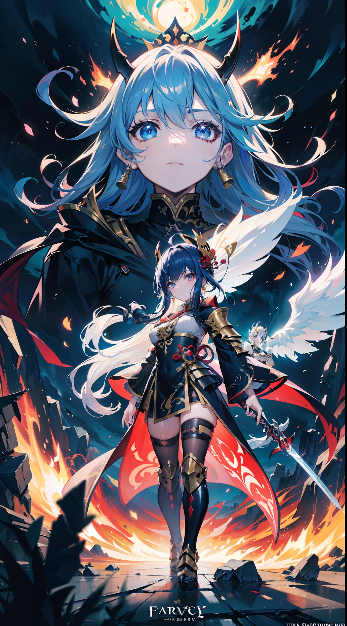Anime figure,Dark villain,Beauty side face,Long hair flying,(golden headdress),Two teenage girls back to back,(Simple helmet)Spark ashes burn,The samurai held a sword, Wear contrasting armor, The whole picture of the witch and the witch skeleton,(standing full-body),((Faraway view)),(HD8K),ultra-wide-angle,The background is gorgeous,the original god, demon anime girl, Angel anime girl,fantasy paladin man, Dragon Knight,Spread your black feathered wings,Mobile Genshin Impact, Anime 8 k, Anime fantasy illustration, Gens6hin impact, Tough and cold character, Detailed key anime art, Ayaka Genshin impact, onmyoji portrait,Close-up of shooting random weapons, Comic book epic artwork, Epic fantasy digital art style,Epic fantasy art style, 8K high quality detailed art, Epic fantasy art style HD, Faraway view,Behind him,This is a golden glowing magic array。,Purify the flame,HD anime visuals,full portrait of magical knight,