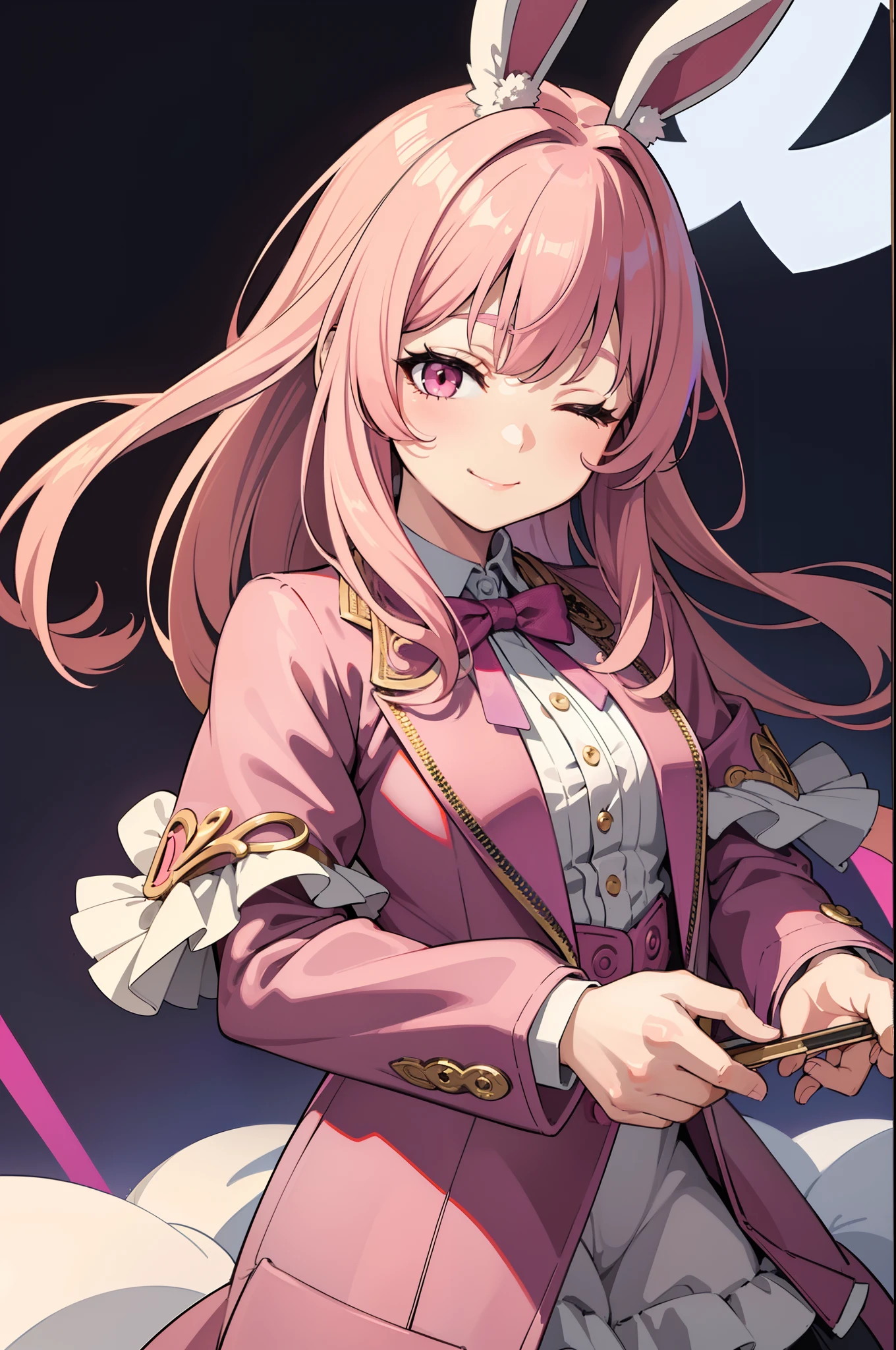 A bunny girl in a magicians show coat, (((8k, masterpiece, best quality))), jacket, long hair, swept bangs, pink hair, pink eyes, small breasts, bunny ears, pink ears, small smile, slight smile, half-closed eyes, woman, ((swept)) bangs, upper body, solo