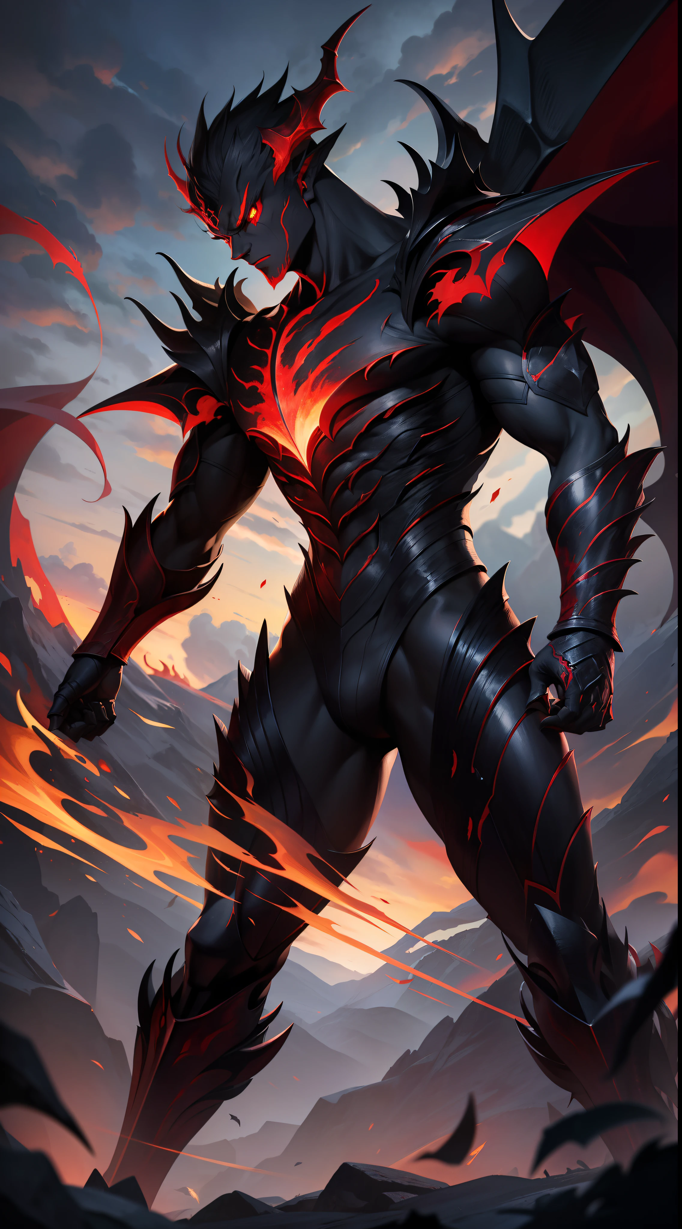 Garou's full-body scene with a handsome male face, red eyes, alduin, sharp fiery red eyes, darksiders art style, armor reflecting demon-inspired black flames, with fiery red eyes, crazy guts, black ancalagon.