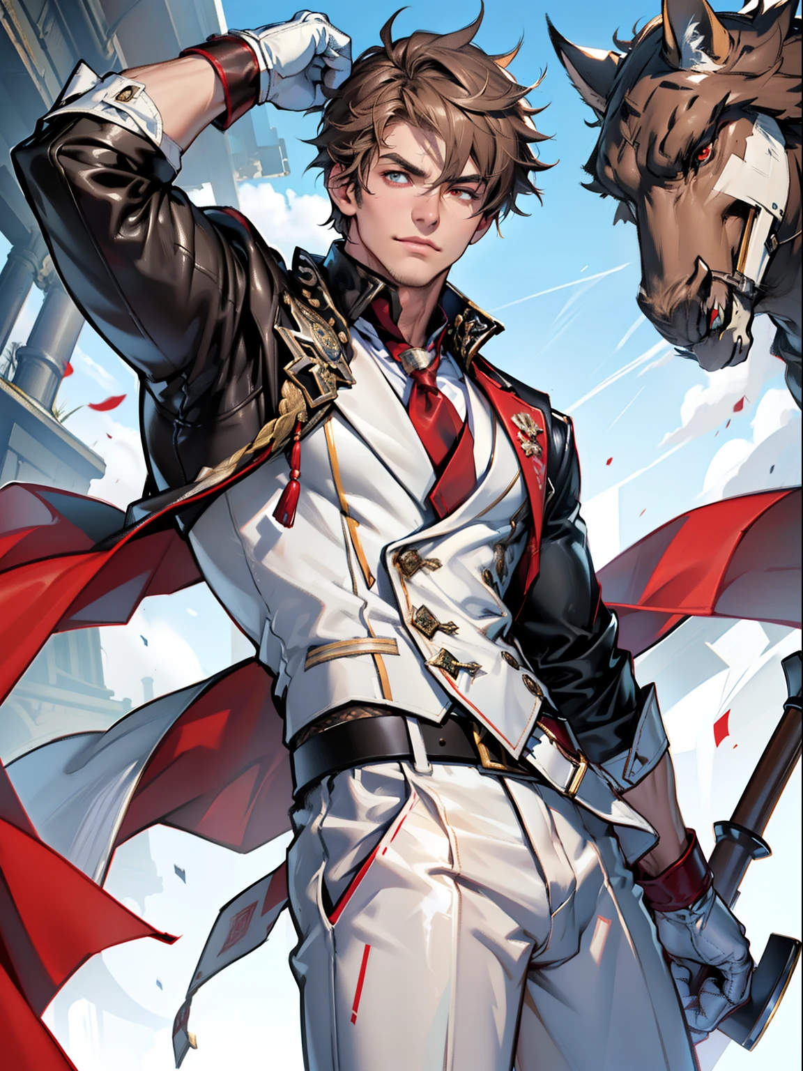 tmasterpiece,Best quality at best,Dadalya(Genshin Impact),mitts,Bulging muscles,(white business suit,Casual wear tie)Pectoral muscle bulge,((Exposing the pectoral muscles))White gloves,Abs,Perfect anatomy, Skin texture, thick dark buzzcut hair, See-through bang, Light eyebrows, symmetrical eyebrow, Big bright eyes, Symmetrical eyes, square shapes, big straight nose, Closed mouth, double-edged polearm, Broad shoulders,White clothing, bdominal stretch, tight-fitting, Leather collar, stand-up collared shirt, tiese, waistcoat, Open thickened glossy white leather jacket, Eight-pack abs, White leather mobile phone gloves, White trousers, Leather belt, spreading long thin legs, The large column is 10 inches long,3 inches wide, The erection, The large,with testicles, Masturbation, high-heeled leather boots, Soft smile, Handsome, Powerful, From the front side, looking ahead at viewer, day, Masterpiece, Best quality, Hyper-detailed, intricately details, Professional photography, Mattire, Bright, the most beautiful ever seen, post-proces, dreamatic lighting, Ambient lighting, Epic composition, very wide angle shot, uplit, ray-traced reflection, Depth of field, Gorgeous background,malefocus,1boy,red eyes,black glove,独奏,Brown hair,Yellow eyes,Red cape,hair between eye,((Bulging crotch)),Sexy,(Masterpiece, Best quality),(white business suit),self-assured,having fun,big laughter,white pantie