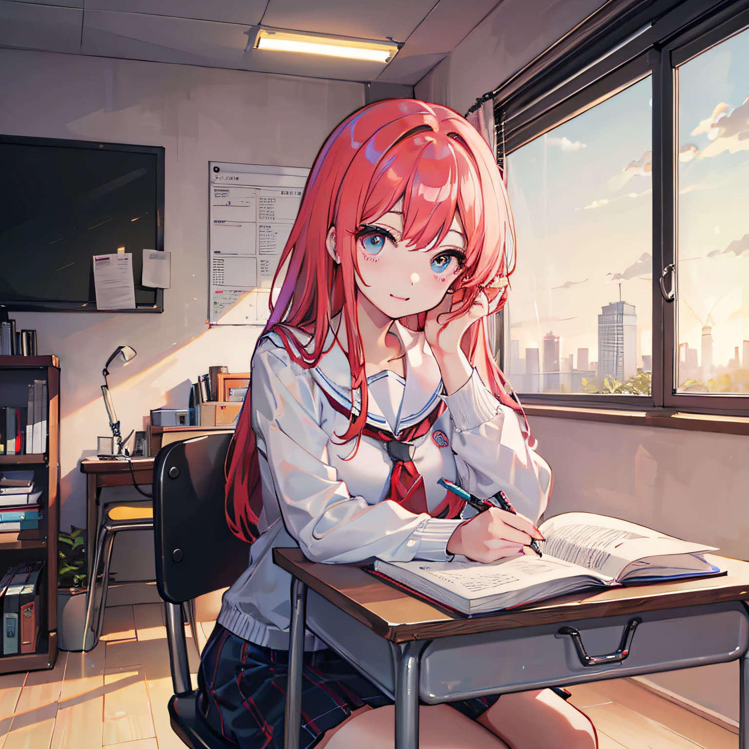 Beautiful woman　Studying　Focused face　on desk　inside in room　By morning　with light glowing　Morning view　Test Preparation　Pupils　red hairs
