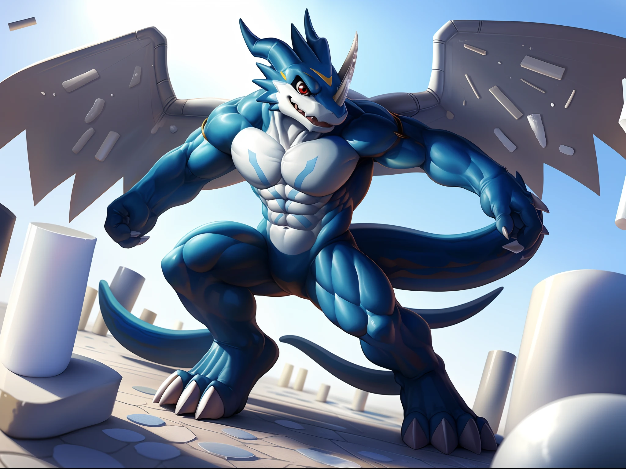 exveemon, ((lineart)), red eyes, anthro, scalie, featureless crotch, claws, blue skin, simple background, membranous wings, muscular, horns, tail, blue body, muscular solo, nintendo, membrane (anatomy), toe claws, pokemon (creature), pokemon, hi res, white claws, wings, pokemon (species), standing, closed mouth, solo,Muscular body, imposing body,Imposing appearance, muscular arms, muscular legs, only body, trapezoid torso, sturdy body, muscular body, defined round and fleshy pecs, defined washboard ABS, defined armsBREAK (half body photo:1.6),solo,On the right side,(8k, RAW photo, best quality, masterpiece), (realistic, photo-realistic), 8k wallpaper, masterpiece,Cinematic Lighting, best quality,dramatic angle,pwide shot,(from side:1.05)  no humans,huge mecha, science fiction,white background,no humans, white,fighting stance, (porcelain (materials):1.6), (metal(materials):1.4)