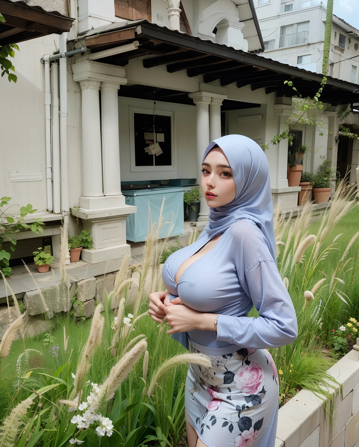 (Big C breast), sexy breast, cleavage, (hijab), open clothes, sexy bra, real skin, realistic skin, real breast, realistic breast, detailed skin features, detailed clothes features, body proportions, real face, detailed facial features, beautiful eyes, grey eyes, detailed eyes, glossy lips, detailed face and breast, best quality, masterpiece, 8k,