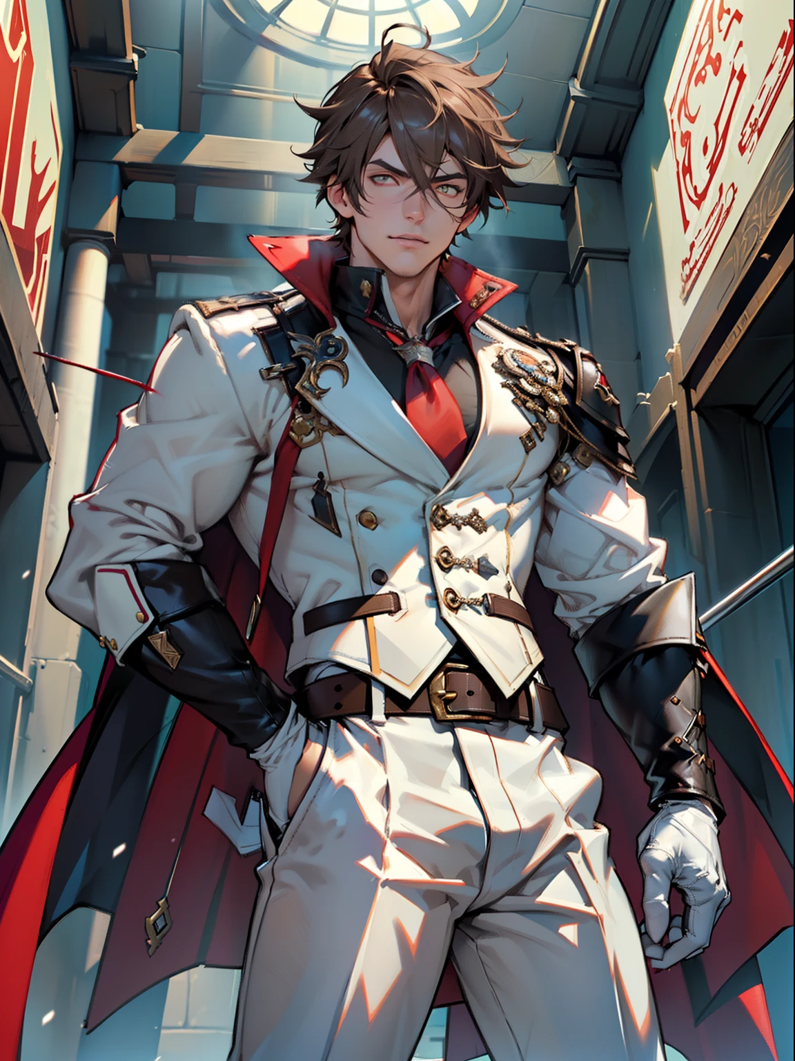 tmasterpiece,Best quality at best,Dadalya(Genshin Impact),mitts,Bulging muscles,(white business suit,Casual wear tie)Pectoral muscle bulge,((Exposing the pectoral muscles))White gloves,Abs,Perfect anatomy, Skin texture, thick dark buzzcut hair, See-through bang, Light eyebrows, symmetrical eyebrow, Big bright eyes, Symmetrical eyes, square shapes, big straight nose, Closed mouth, double-edged polearm, Broad shoulders,White clothing, bdominal stretch, tight-fitting, Leather collar, stand-up collared shirt, tiese, waistcoat, Open thickened glossy white leather jacket, Eight-pack abs, White leather mobile phone gloves, White trousers, Leather belt, spreading long thin legs, The large column is 10 inches long,3 inches wide, The erection, The large,with testicles, Masturbation, high-heeled leather boots, Soft smile, Handsome, Powerful, From the front side, looking ahead at viewer, day, Masterpiece, Best quality, Hyper-detailed, intricately details, Professional photography, Mattire, Bright, the most beautiful ever seen, post-proces, dreamatic lighting, Ambient lighting, Epic composition, very wide angle shot, uplit, ray-traced reflection, Depth of field, Gorgeous background,malefocus,1boy,red eyes,black glove,独奏,Brown hair,Yellow eyes,Red cape,hair between eye,((Bulging crotch)),Sexy,(Masterpiece, Best quality),(white business suit),self-assured,having fun,big laughter,white pantie