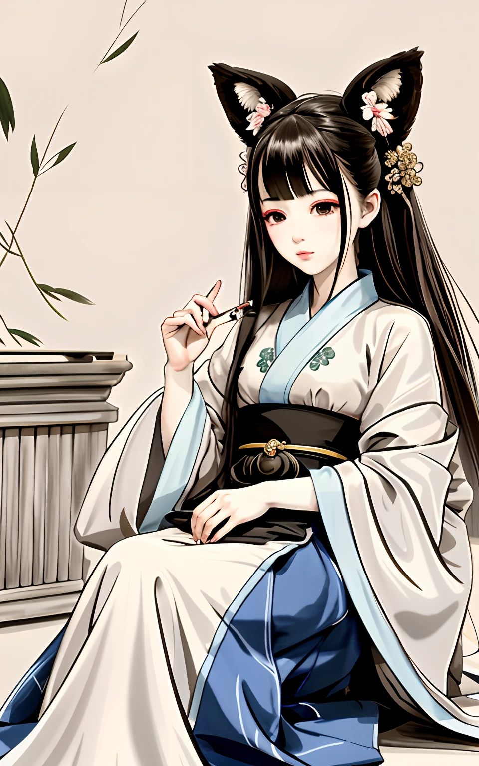 Anime girl in kimono sitting on a bench with cat ears, royal palace ， a girl in hanfu, Flowing hair and long coat, Inspired by Nishikawa Sukenobu, Beautiful anime style, beautiful character painting, japanese goddess, digital anime illustration, Beautiful Anime Women, artwork in the style of guweiz, Inspired by Ma Yuanyu