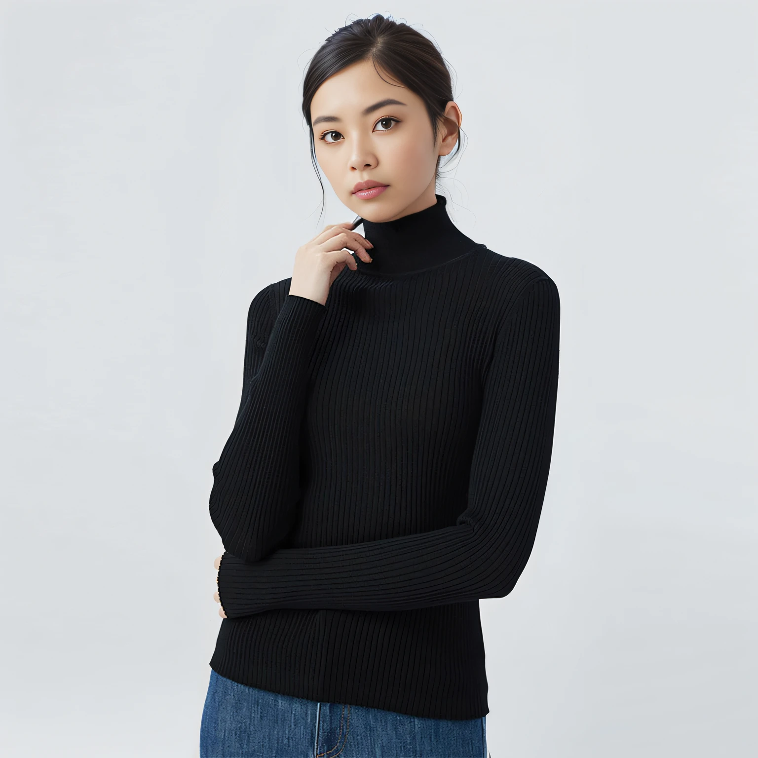 arafed woman in a black turtle neck sweater posing for a picture, black turtle neck shirt, Black turtleneck, black wool sweater, Black sweater, wear a  turtleneck, wearing a black sweater, Sweater, High collar, Femme, 2 d cg, blue turtleneck, jinyiwei, wearing a dark sweater, sleeveless turtleneck, casual black clothing