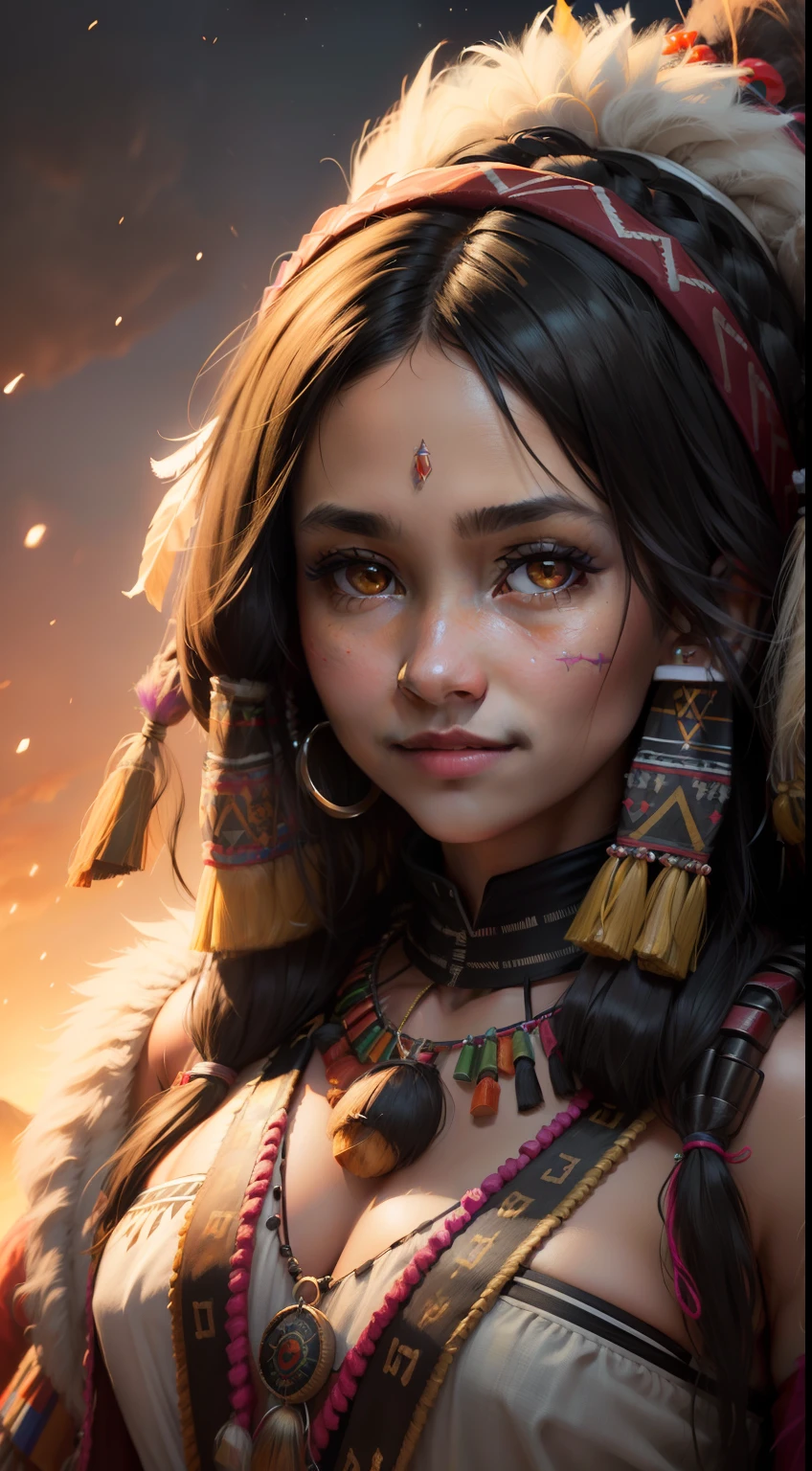 detailed photography, high quality, DSLR, beautiful, perfect, stunning Sioux Apache woman, (((wearing native Sioux Apache clothes))), (asymmetrical cut black hair, edgy), smiling, fine detail, professional static pose, ultra detailed, high resolution, ultra quality, a masterpiece, beautiful face, glossy, softened facial skin, perfect face and symmetric face and eyes, dimmed lighting, (Lush lips), By photographer, hyper realistic, (at night), ((((in the style of rembrandt)))), in an Sioux Apache tribal village,