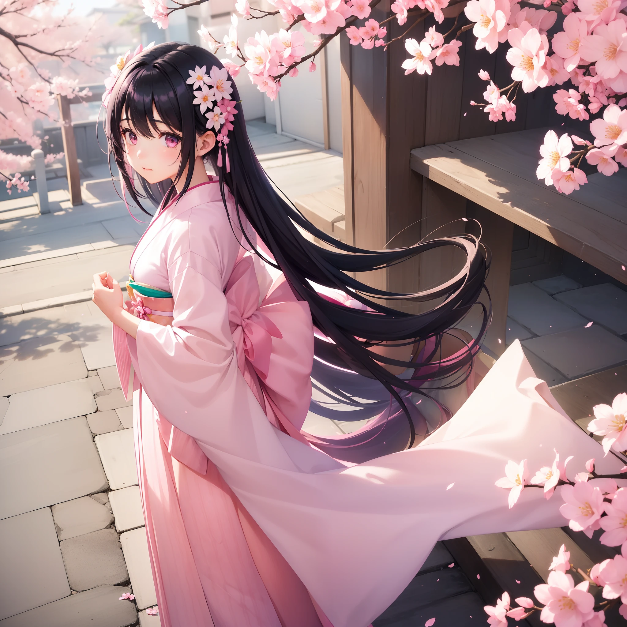 (1girl in:1.3)、(Half pink and half black hair:1.2)、At dusk、colourfull、cherryblossom、Fantastical、Wearing a pink and white kimono、Beauty of the spirit、Cherry blossoms flutter、Beautie、flower language(Don't forget me)、Sad face