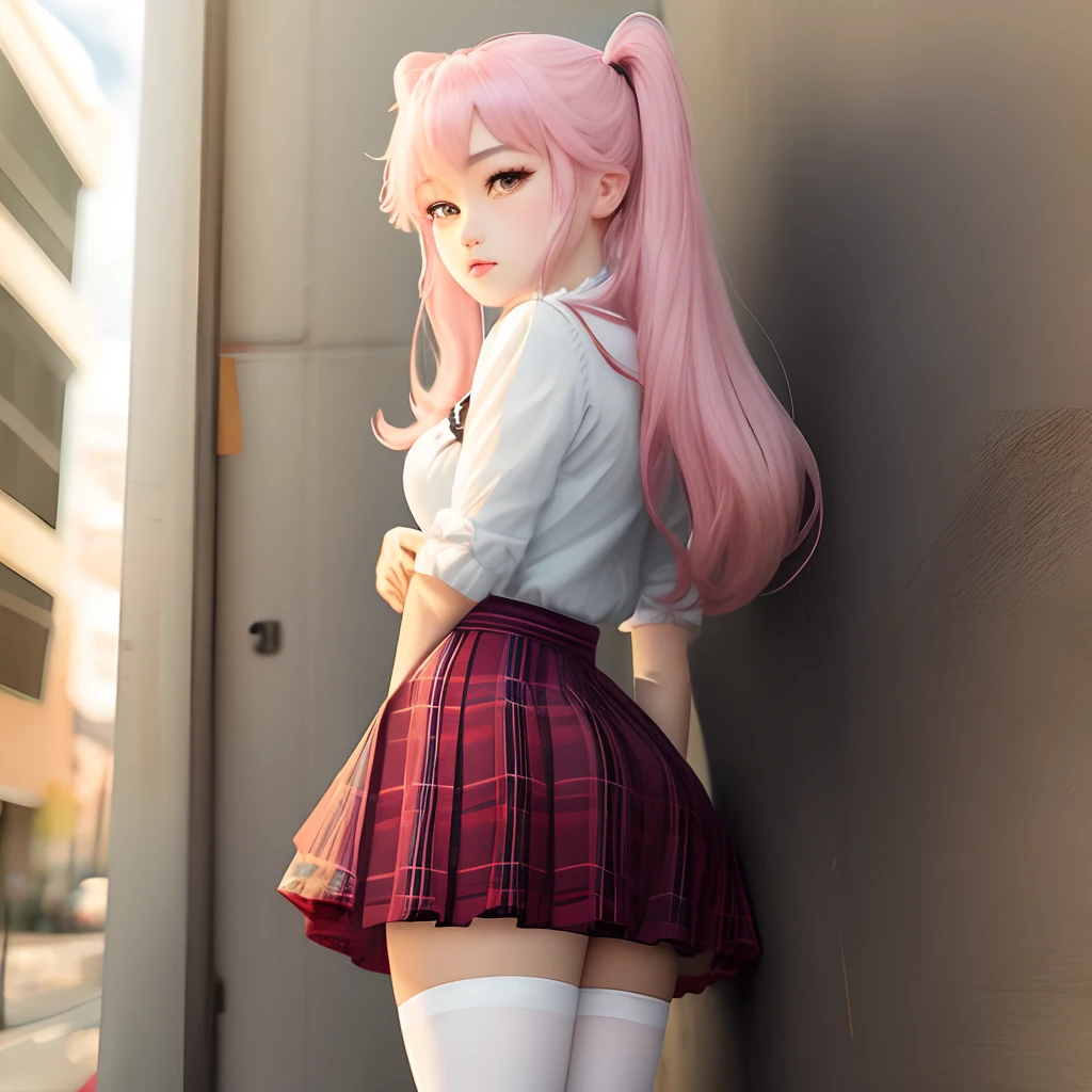 Top-quality、Photorealsitic、8K picture quality、Hight Resolution, 1girl, 20 years old, School girl, Sailor Uniform, Mini Skirt, The wind lifting skirt a little up, Sexy, Cutie, Seductive, Gorgeous, Long Hair, Blonde, Pink Cheeks, Red Lips, Big Breast, Thick Legs, From Behind View, School.