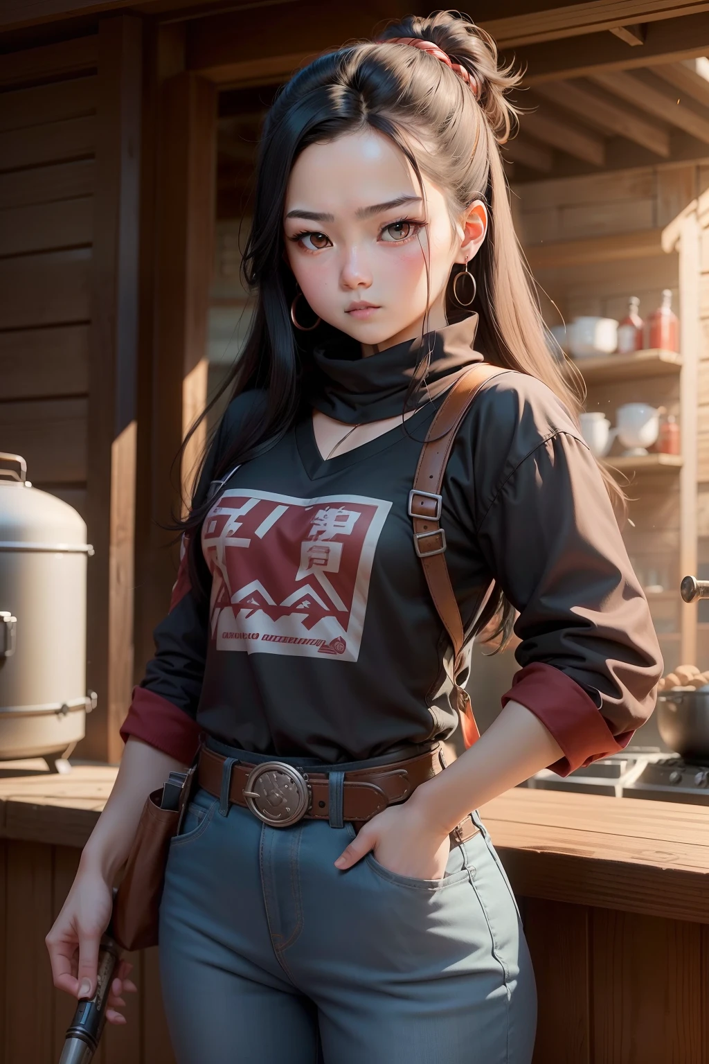 real life looking Nezuko Kamado, 18 year old, dual wielding pistols, in a western cowboy era, in a v neck tshirt