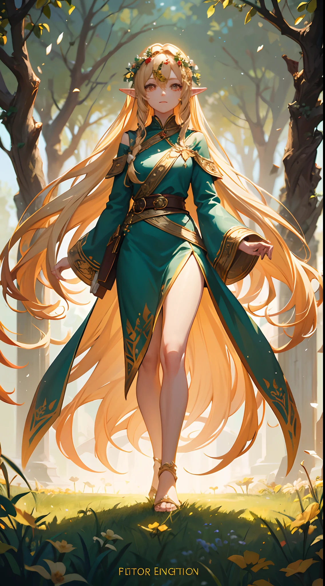 cute elf, long golden hair, flowers in hair, golden eyes, cute dress, full body, artstation, illustration, dynamic soft lighting, fantasy framing, high resolution 4k, hdr, stylistic,