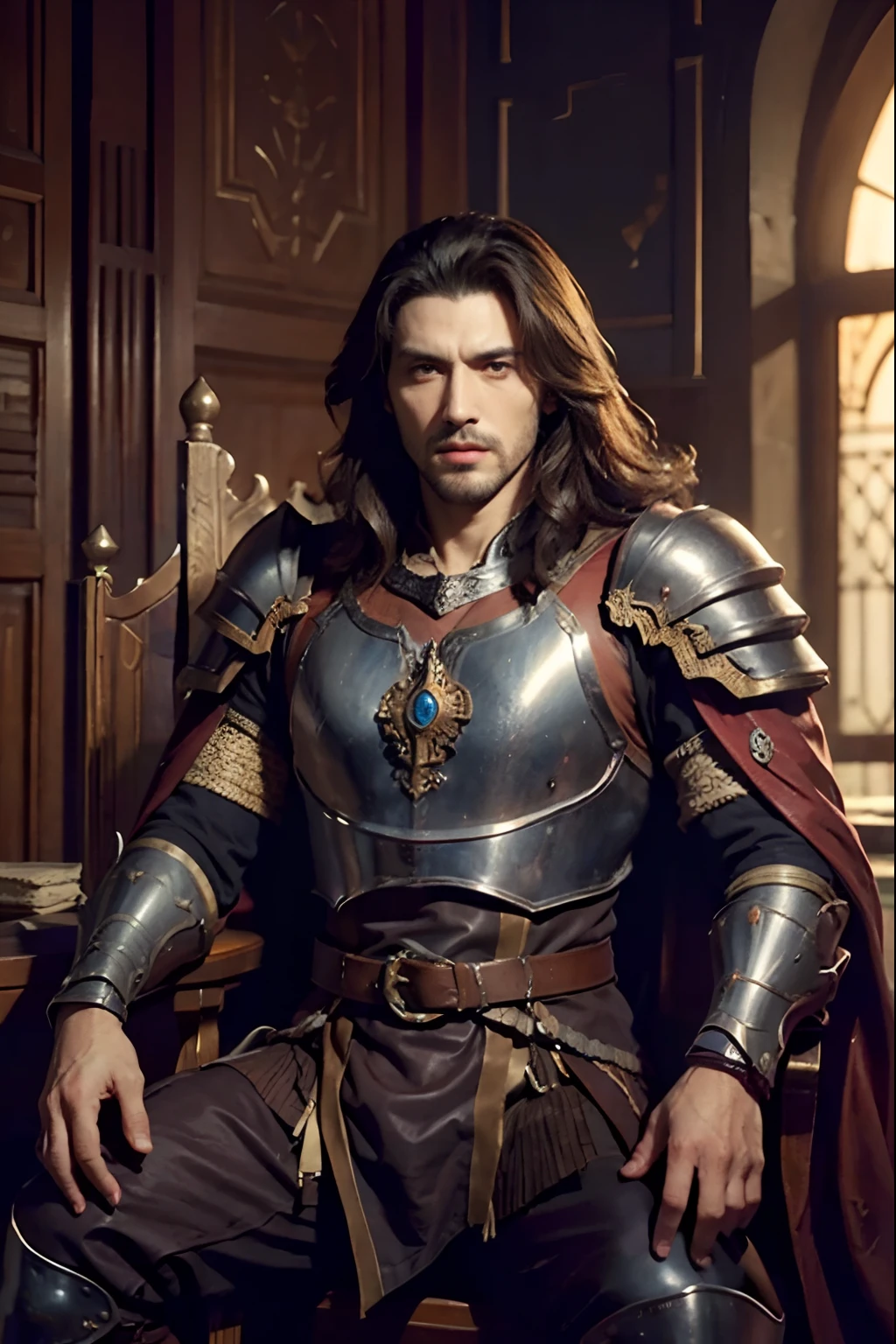 Castlevania Lord of the shadows hyper realistic super detailed handsome muscular full Arabian leather Armor Wear sitting in moroccan legendary throne super detailed hyper realistic