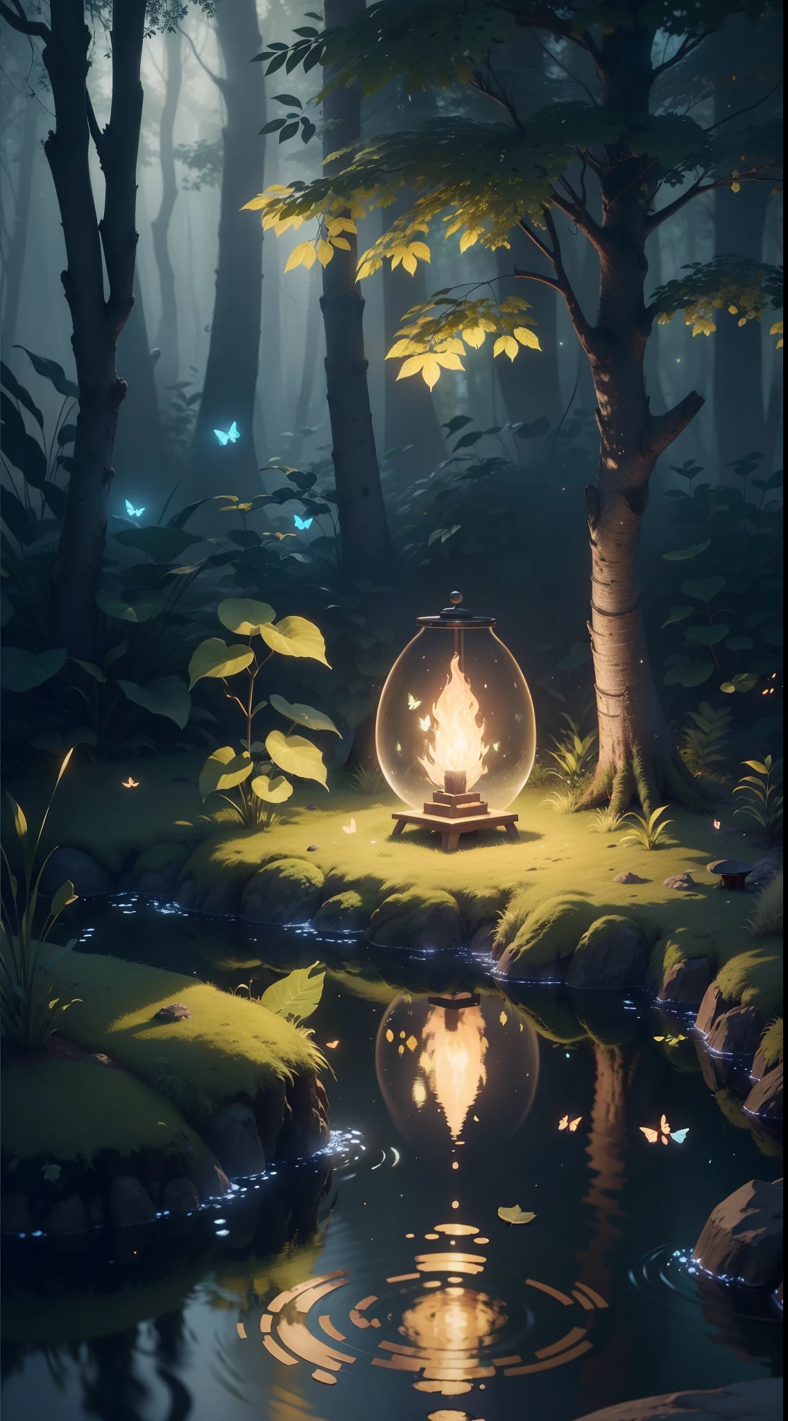 A masterpiece, the best quality, stunning reflections, the best reflections ever. (very detailed CG unity 8k wallpapers), (best quality), (best illustrations), (best shadows), forest theme with natural elements. Tall trees, quiet streams, small glowing mushrooms surrounded by delicate leaves and branches, with fireflies and glowing particle effects,, (natural elements), (jungle theme), (leaves), (twigs), (fireflies), butterflies, (delicate leaves), (glow), (particle effects). , Isometric 3D, Octane Rendering, Ray Traced, Super Detailed