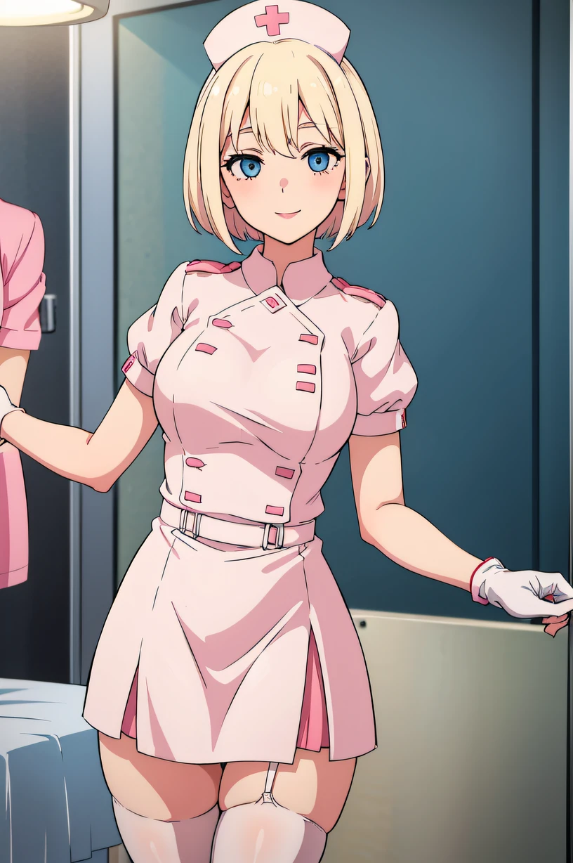 1girl in, Nurse, Nurse Cap, Whiteware, ((White legwear, zettai ryouiki)), White Gloves, Blonde hair, Blue eyes, pink lipsticks, Smile, Standing, ((Hospital room)), sharp outline, Short sleeves, Best Quality, masutepiece