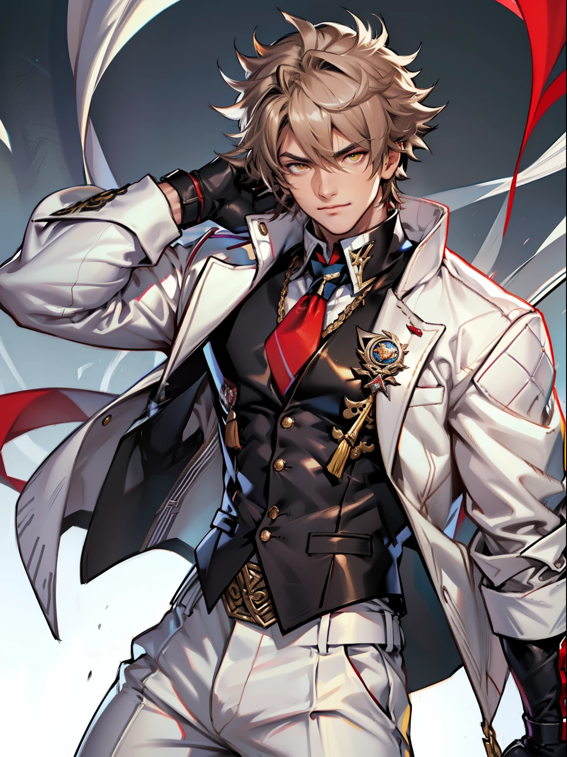 tmasterpiece，Best quality at best，Dadalya（Genshin Impact），mitts，Bulging muscles，(white business suit，Casual wear tie）Bulging of the pectoral muscles，White gloves，Abs，malefocus，1boy，red eyes，black glove，独奏，Brown hair，Yellow eyes，Red cape，hair between eye，（（Bulging crotch）），Sexy,(Masterpiece, Best quality),（white business suit），self-assured，having fun，big laughter，white pantie, stand-up collared shirt, tiese, waistcoat, Open thickened glossy white leather jacket, Eight-pack abs, White leather mobile gloves, White trousers, Leather belt, spreading long thin legs, The erection, The large，with testicles, Masturbation,