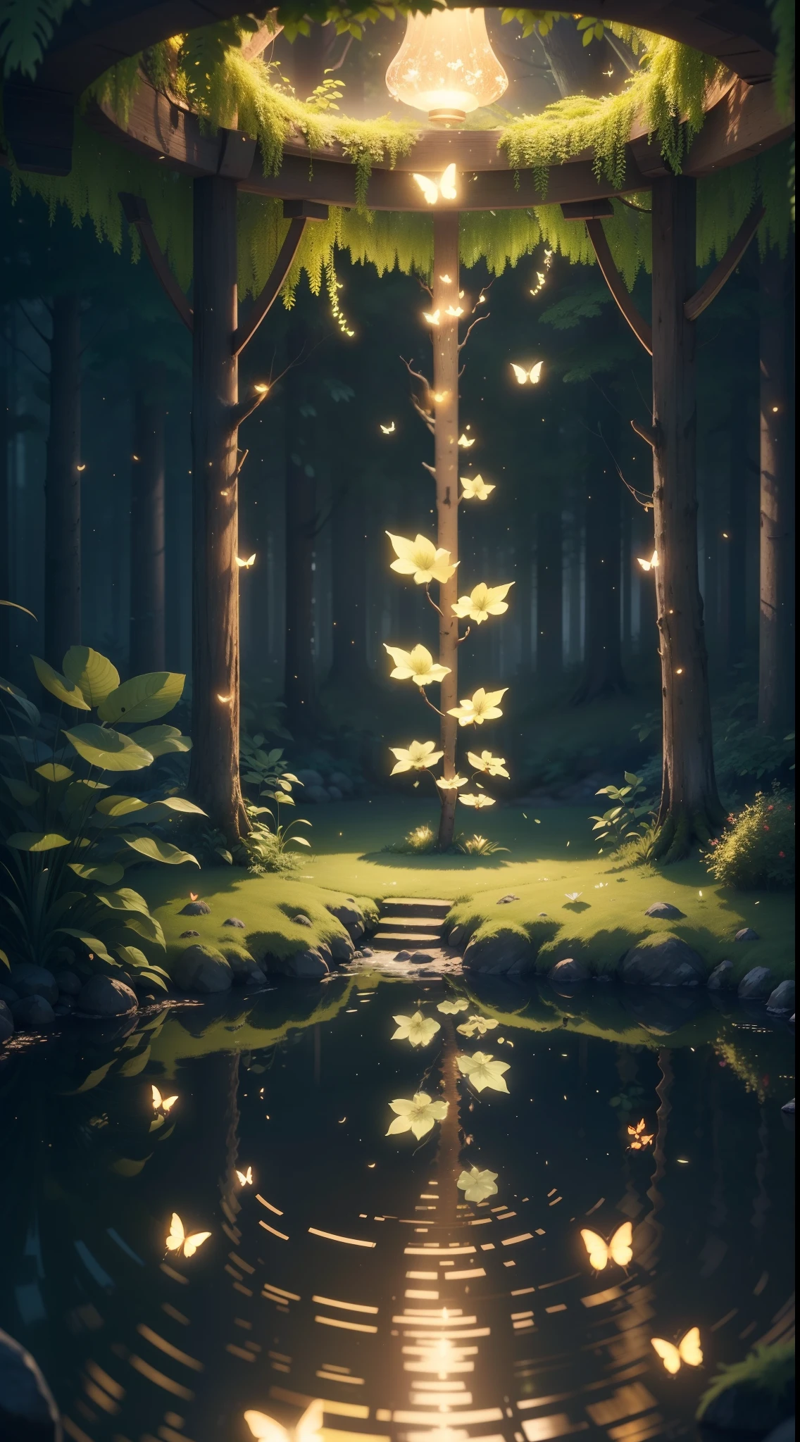 A masterpiece, the best quality, stunning reflections, the best reflections ever. (very detailed CG unity 8k wallpapers), (best quality), (best illustrations), (best shadows), forest theme with natural elements. Tall trees, quiet streams, small glowing mushrooms surrounded by delicate leaves and branches, with fireflies and glowing particle effects,, (natural elements), (jungle theme), (leaves), (twigs), (fireflies), butterflies, (delicate leaves), (glow), (particle effects). , Isometric 3D, Octane Rendering, Ray Traced, Super Detailed