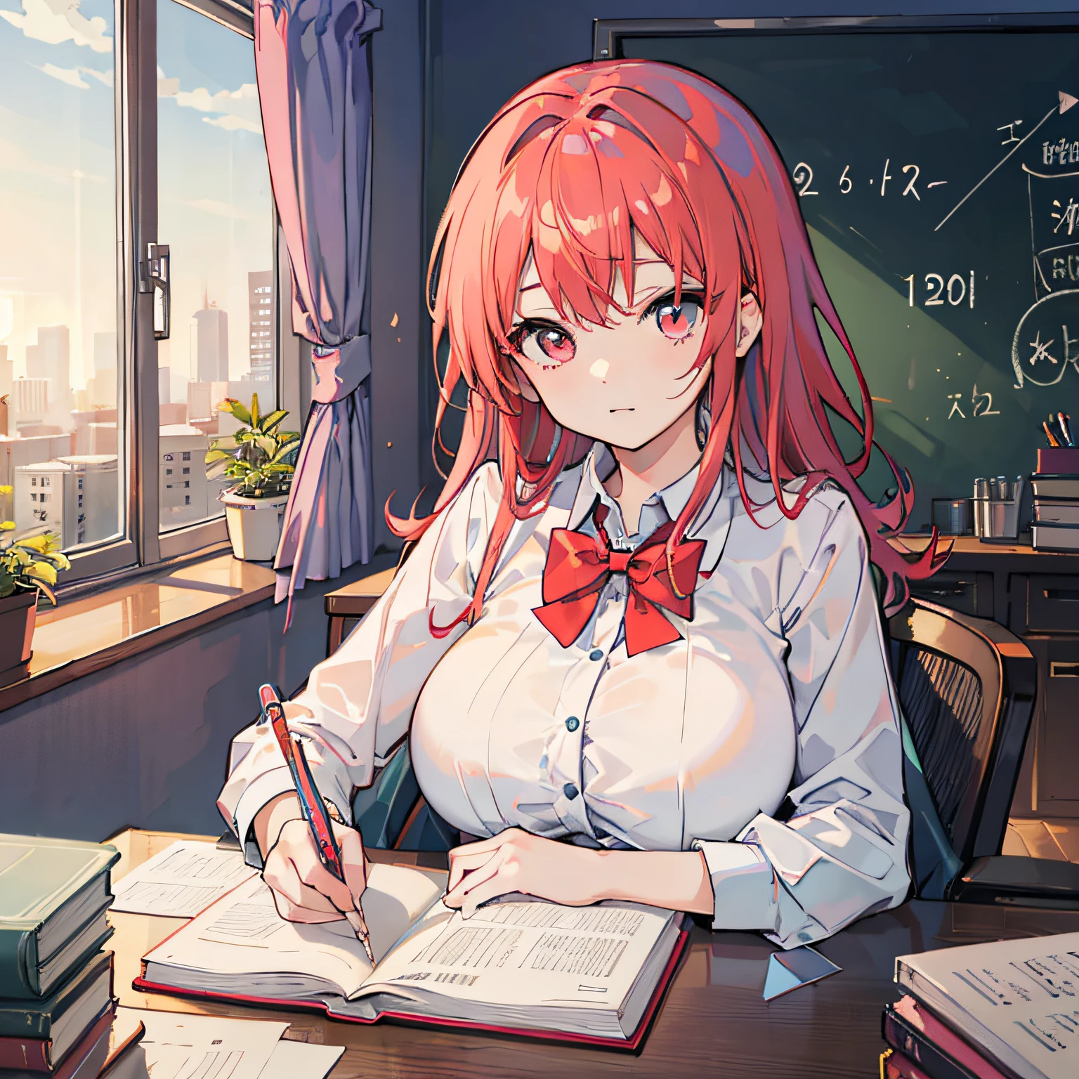 Beautiful woman Studying Focused face on desk inside in room By morning with light glowing Morning view Test Preparation Pupils red hairs Studying Mathematics huge tit