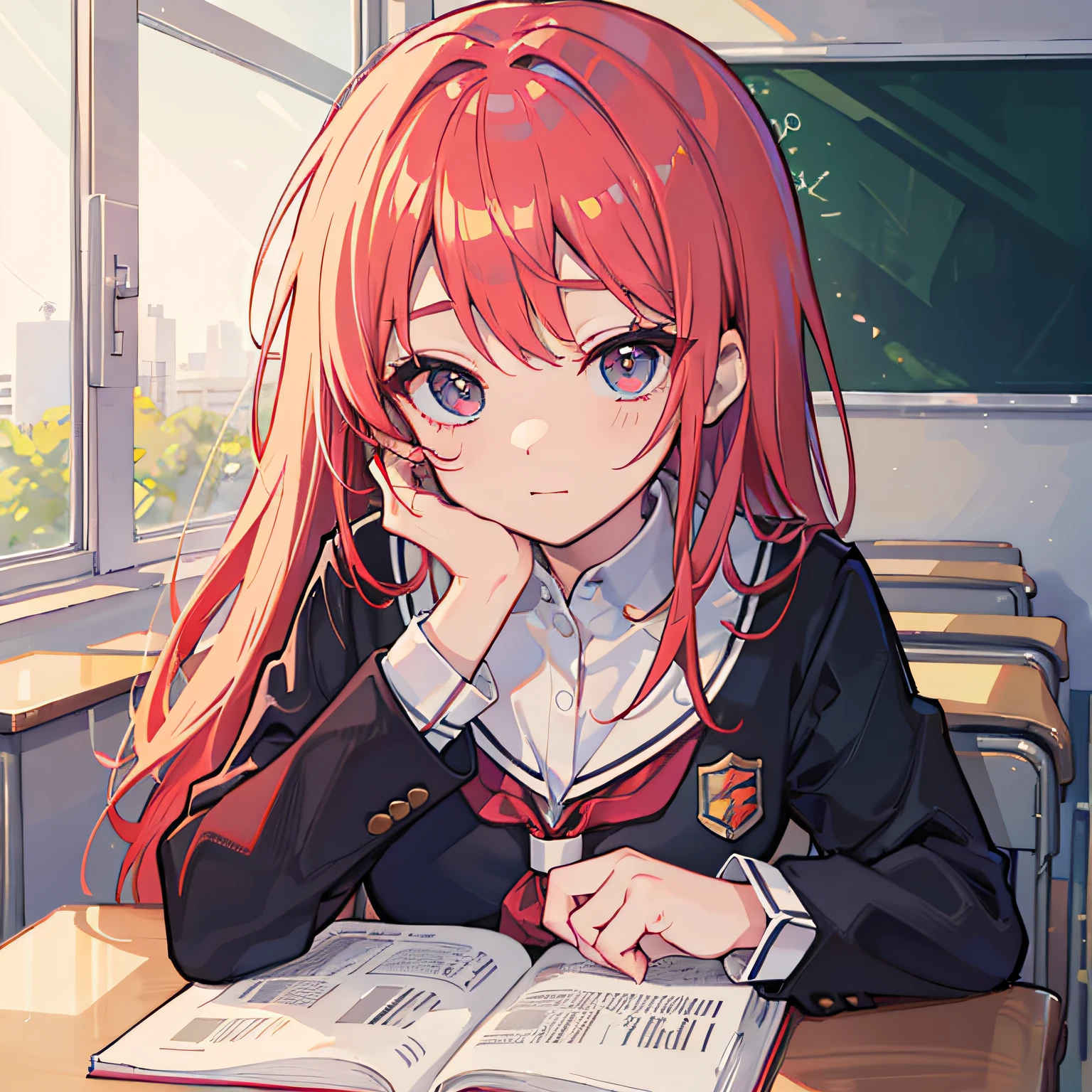 Beautiful woman　Studying　Focused face　on desk　Inside the classroom　By morning　with light glowing　Morning view　Test Preparation　Pupils　red hairs