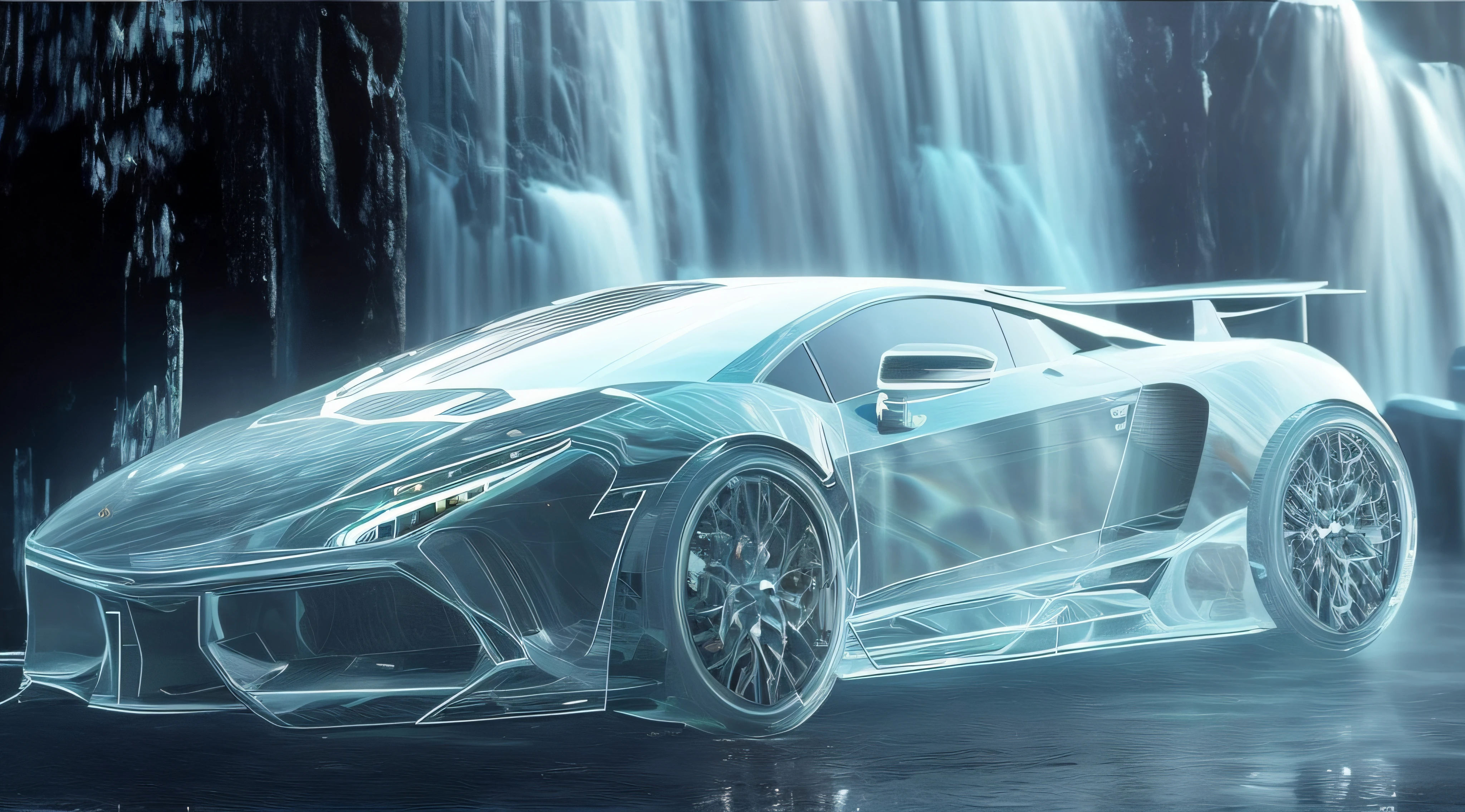 um close up de um carro em frente a uma cachoeira, conceptual design art Octane rendering, car with holographic paint, Super renderizado em octano render, render de Supercarro futurista, carro conceito futurista, conceito de carro futurista, futuristic chrome vehicle, amazing octane render, arte conceitual do carro, concept art Octane rendering, carro futurista, Imagens DMT. octan render, 3D Octane Render ConceptArt
