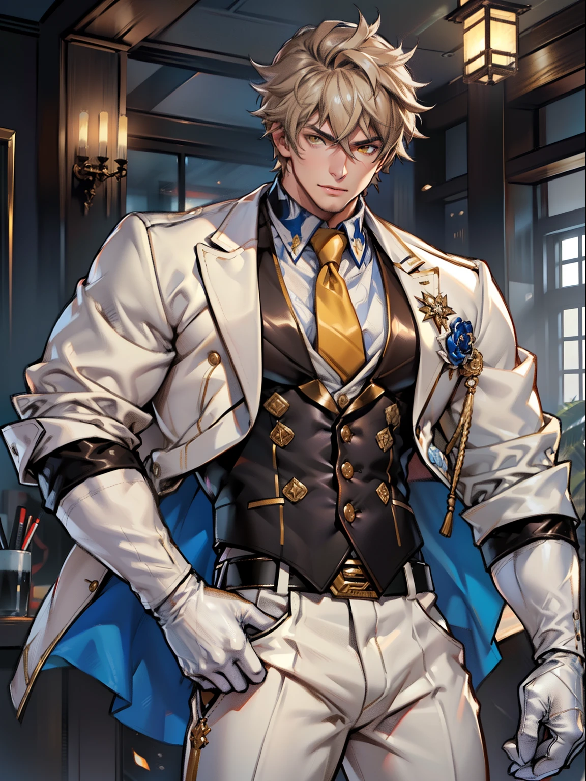 tmasterpiece,Best quality at best,(Genshin Impact),mitts,Bulging muscles,(white business suit,Casual wear tie)Pectoral muscle bulge,White gloves,Abs,malefocus,1boy,White gloves,独奏,Brown hair,Yellow eyes,blue capelet,hair between eye,((Bulging crotch)),Sexy,(Masterpiece, Best quality),(white business suit),self-assured,having fun,big laughter,white pantie, stand-up collared shirt, tiese, waistcoat, Open thickened glossy white leather jacket, Eight-pack abs, White leather mobile phone gloves, White trousers, Leather belt, spreading long thin legs, The erection, The large,with testicles, Masturbation,